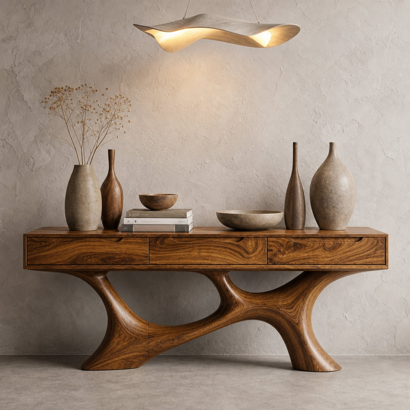 Modern Console Table With Built In Storage Cabinet And Sculptural Curved Wood Base For Entryway And Living Room - product…