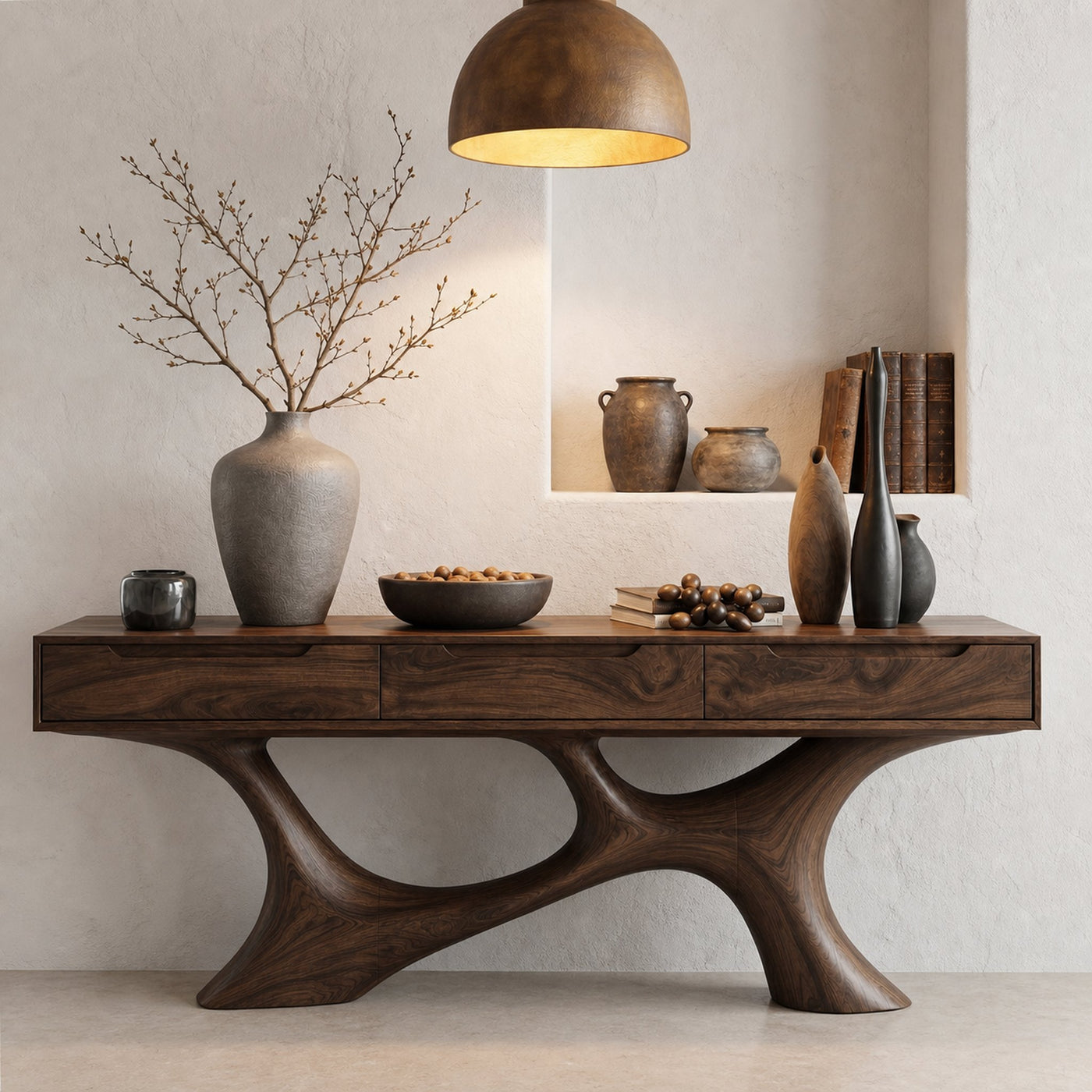 Modern Console Table With Built In Storage Cabinet And Sculptural Curved Wood Base For Entryway And Living Room - product…