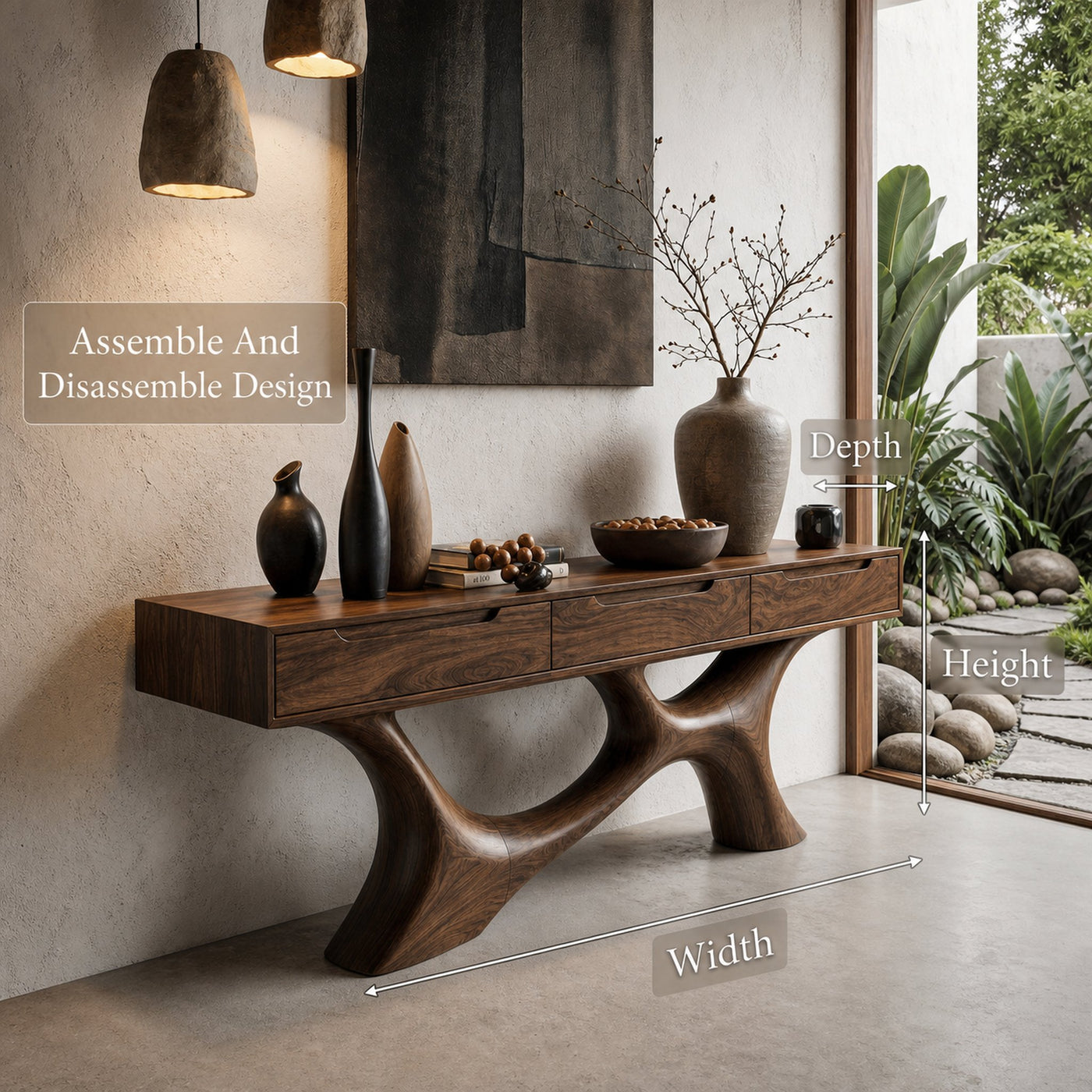 Modern Console Table With Built In Storage Cabinet And Sculptural Curved Wood Base For Entryway And Living Room - product…