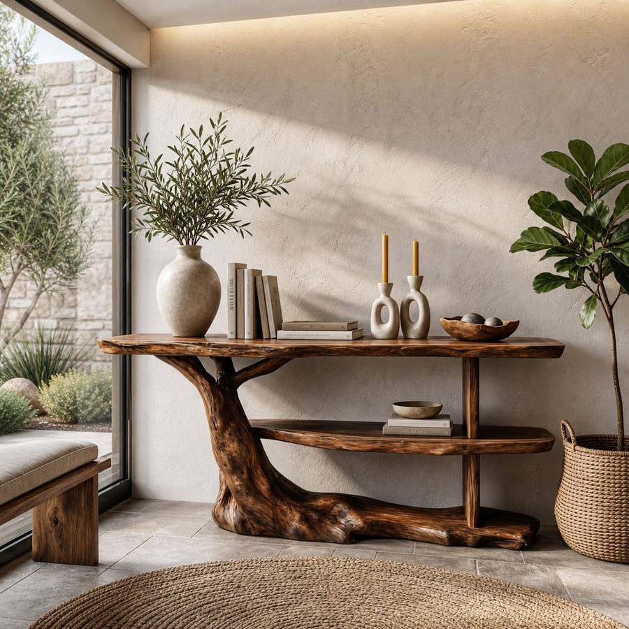 Modern Console Table With Flowing Wood Pedestal Base For Entryway