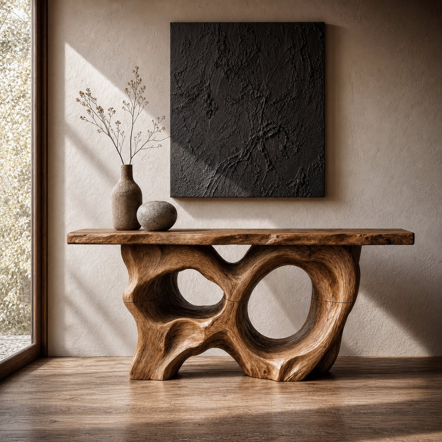 Modern Console Table With Sculptural Asymmetrical Wood Base  For Living Room