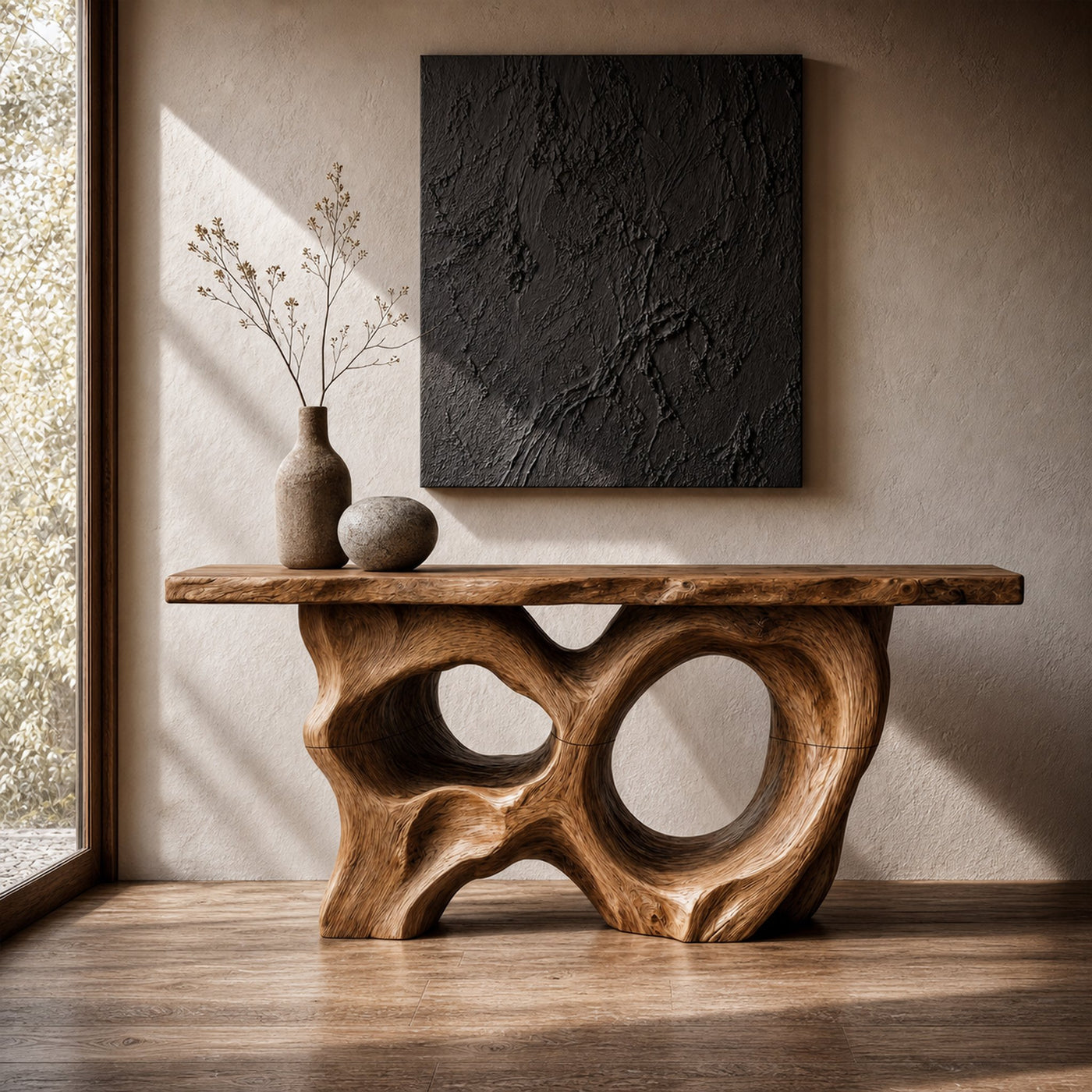 Modern Console Table With Sculptural Asymmetrical Wood Base For Living Room