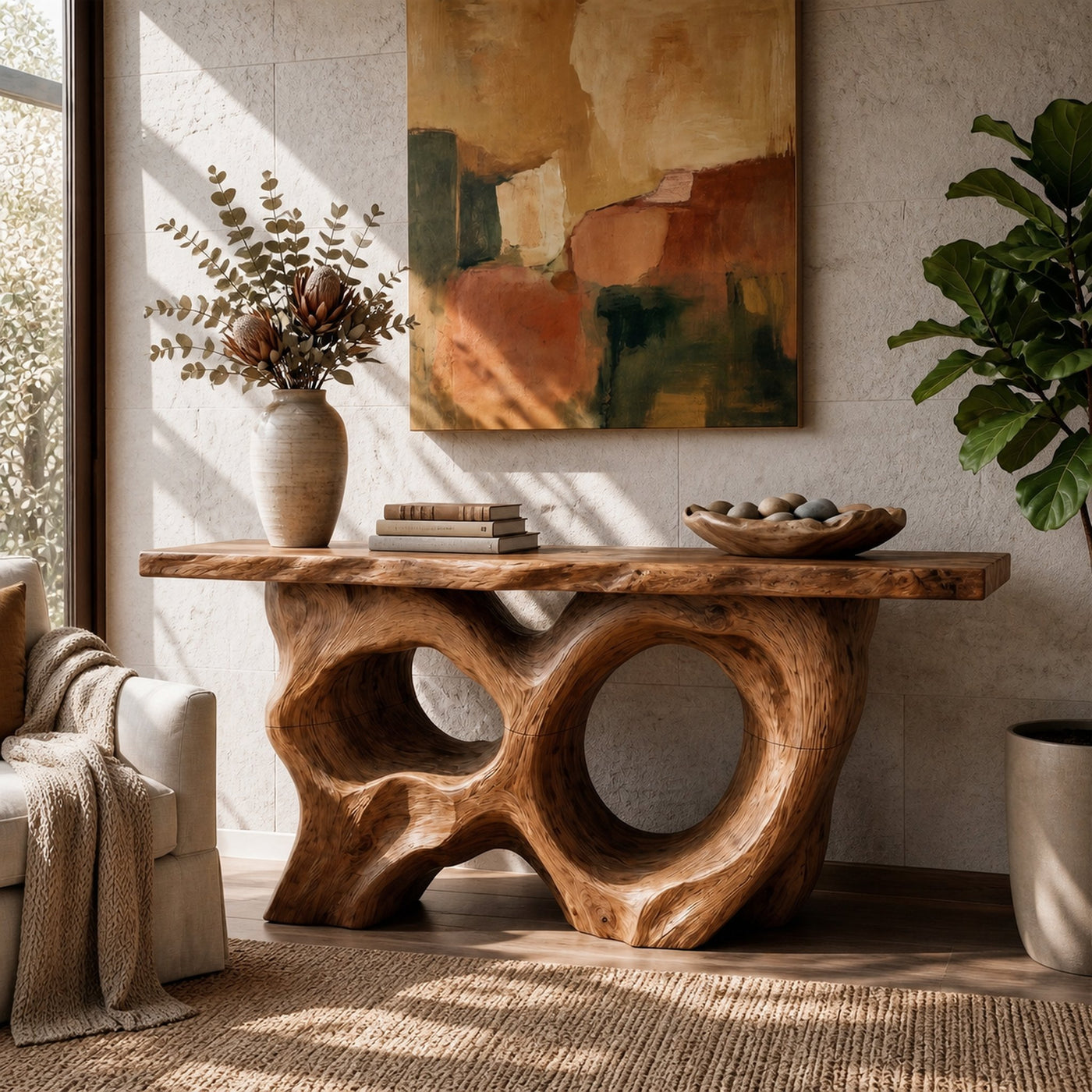 Modern Console Table With Sculptural Asymmetrical Wood Base For Living Room - product view 6