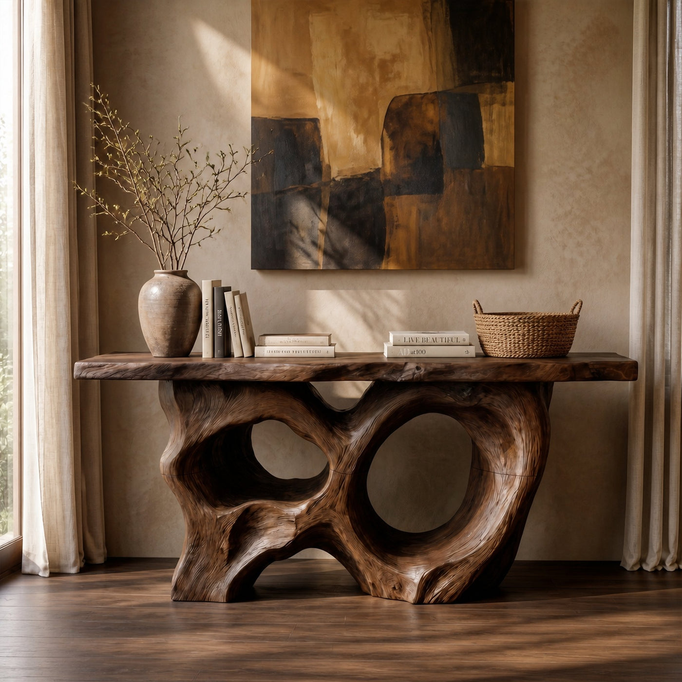 Modern Console Table With Sculptural Asymmetrical Wood Base For Living Room - product view 7
