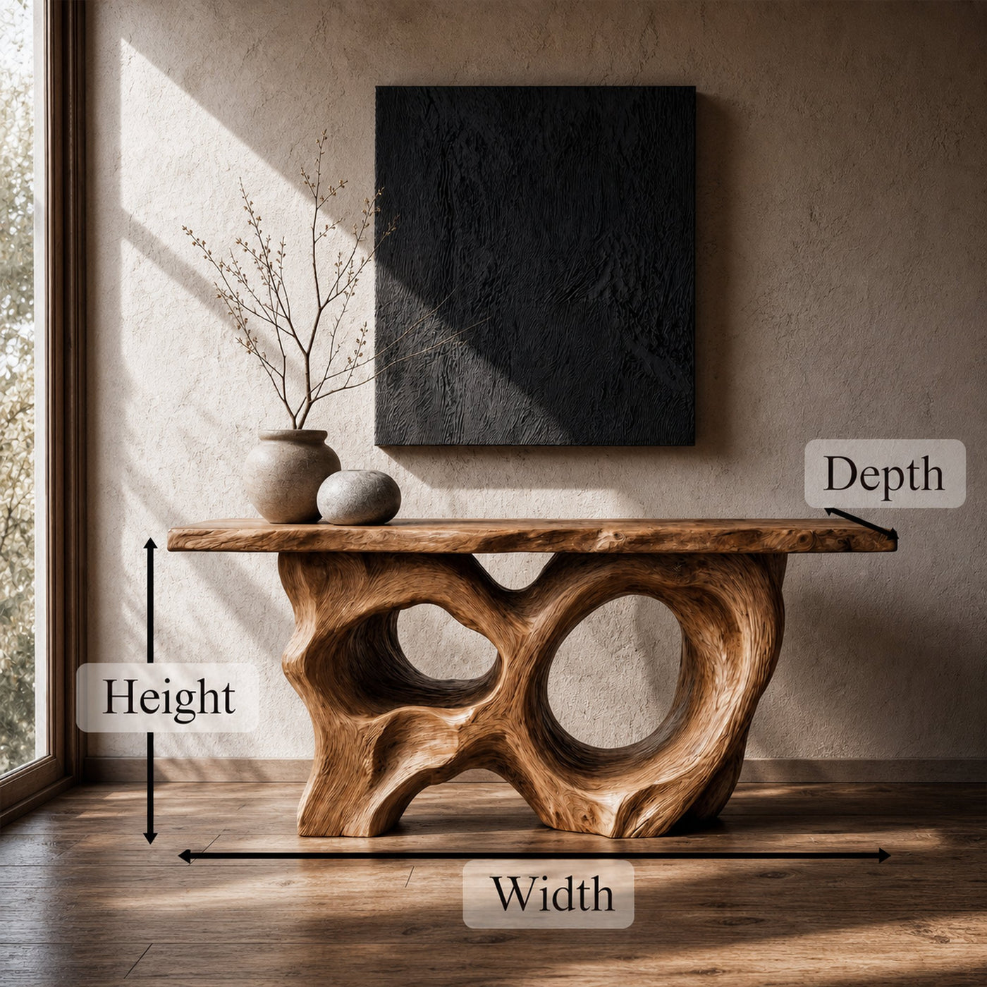 Modern Console Table With Sculptural Asymmetrical Wood Base For Living Room - product view 8