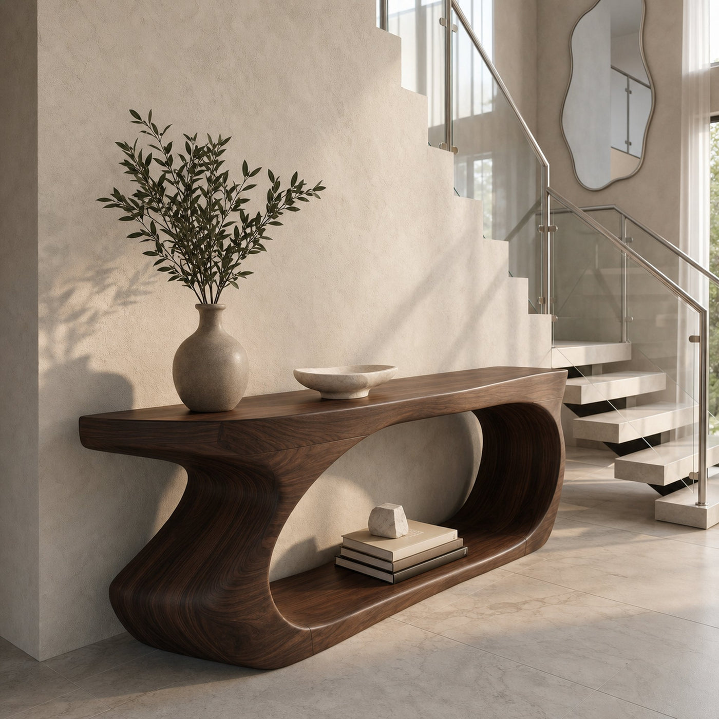 Modern Console Table With Sculptural Circular Form For Entryway