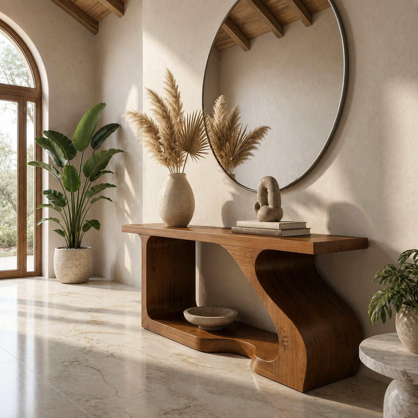 Modern Console Table With Sculptural Curved Form For Entryway