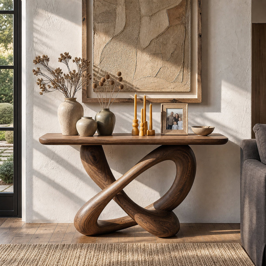 Modern Console Table With Twisted Ribbon Wood Base For Entryway
