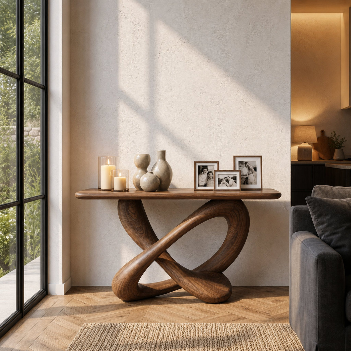 Modern Console Table With Twisted Ribbon Wood Base For Entryway - product view 2