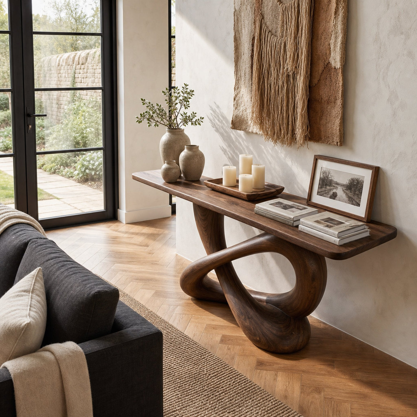 Modern Console Table With Twisted Ribbon Wood Base For Entryway - product view 3