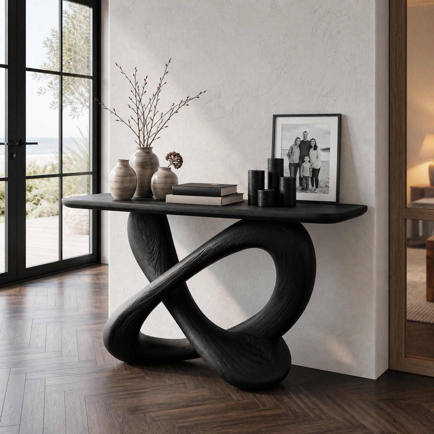 Modern Console Table With Twisted Ribbon Wood Base For Entryway - product view 4