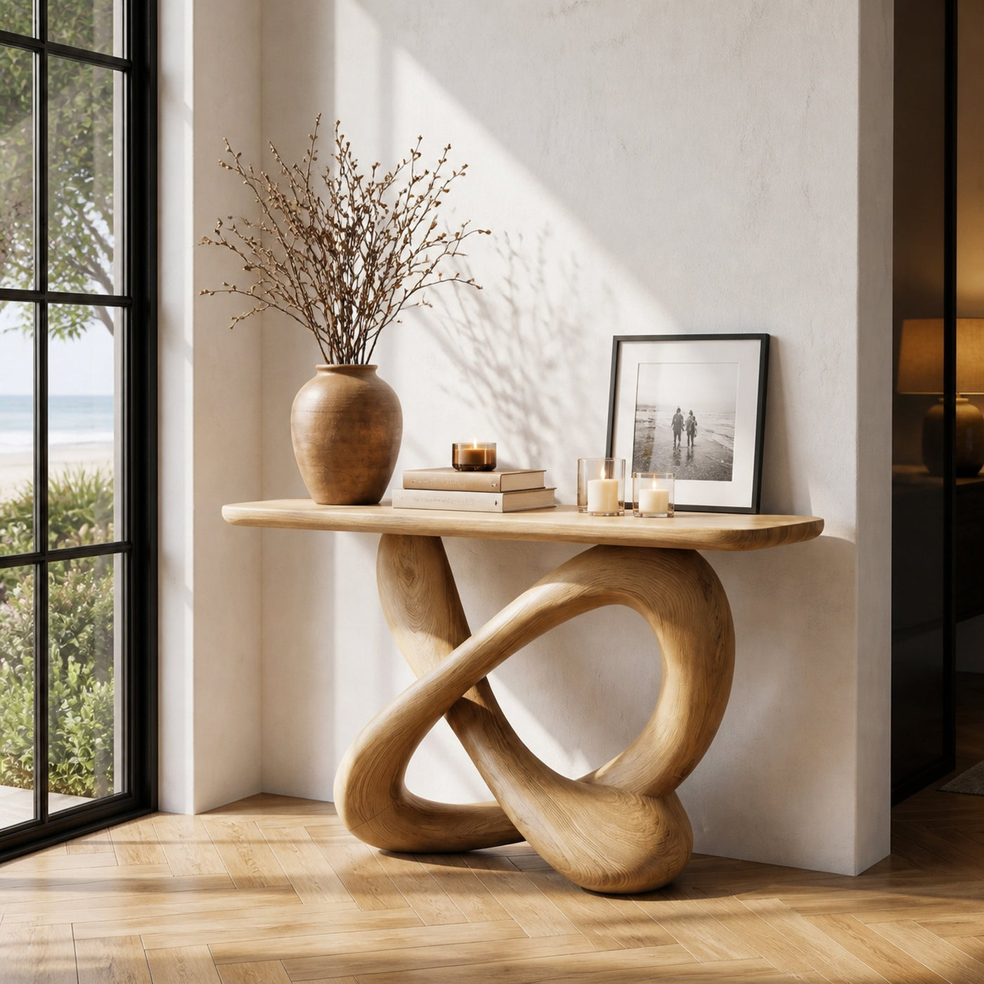 Modern Console Table With Twisted Ribbon Wood Base For Entryway - product view 5