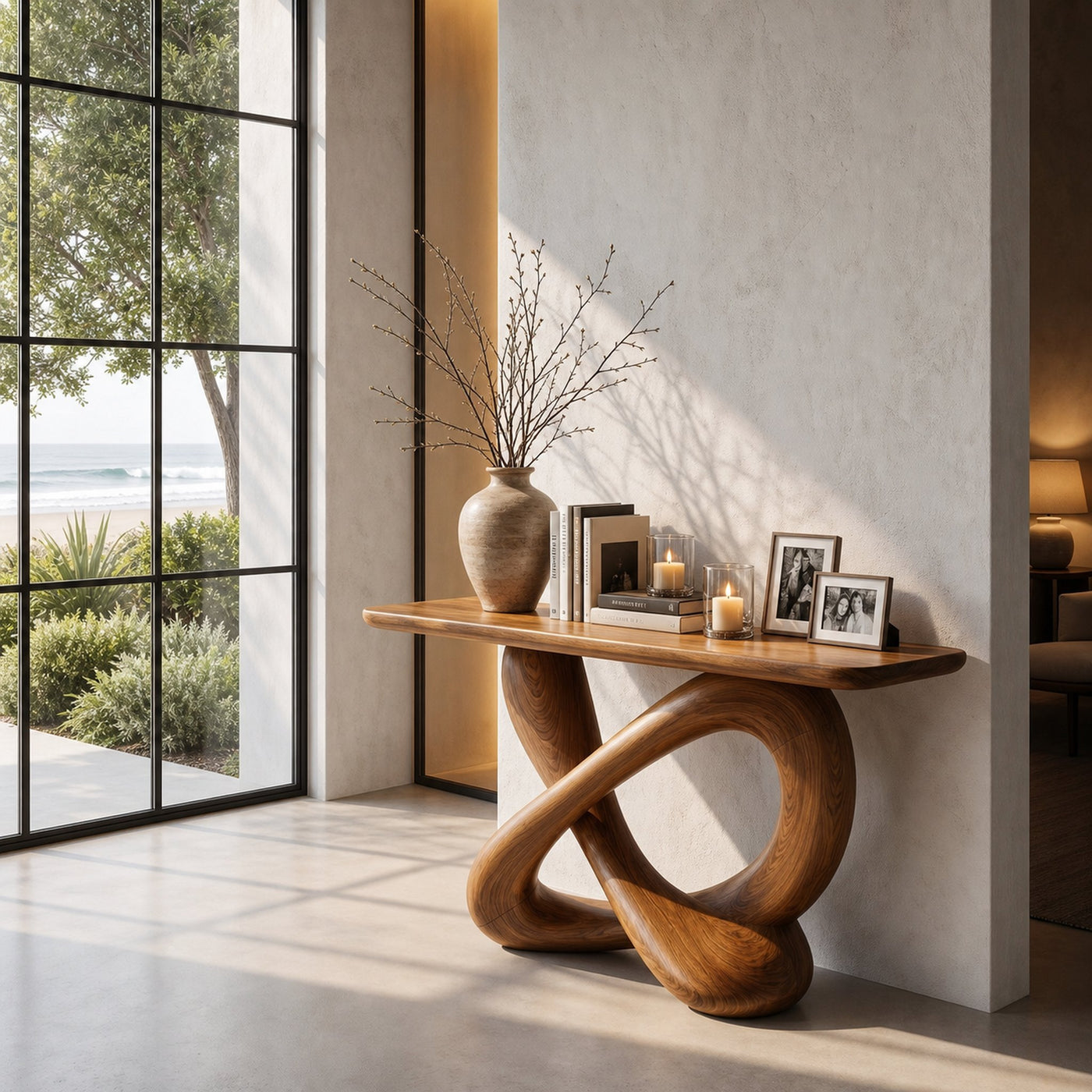 Modern Console Table With Twisted Ribbon Wood Base For Entryway - product view 6