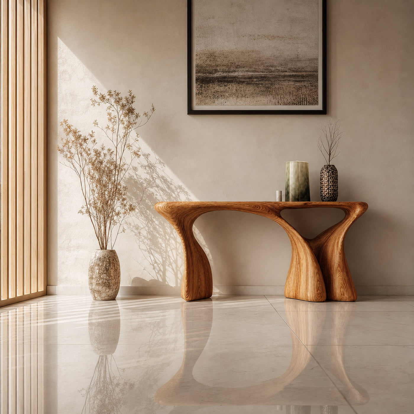 Modern Organic Console Table Solid Wood Curved Sculptural Form Entryway Or Hallway
