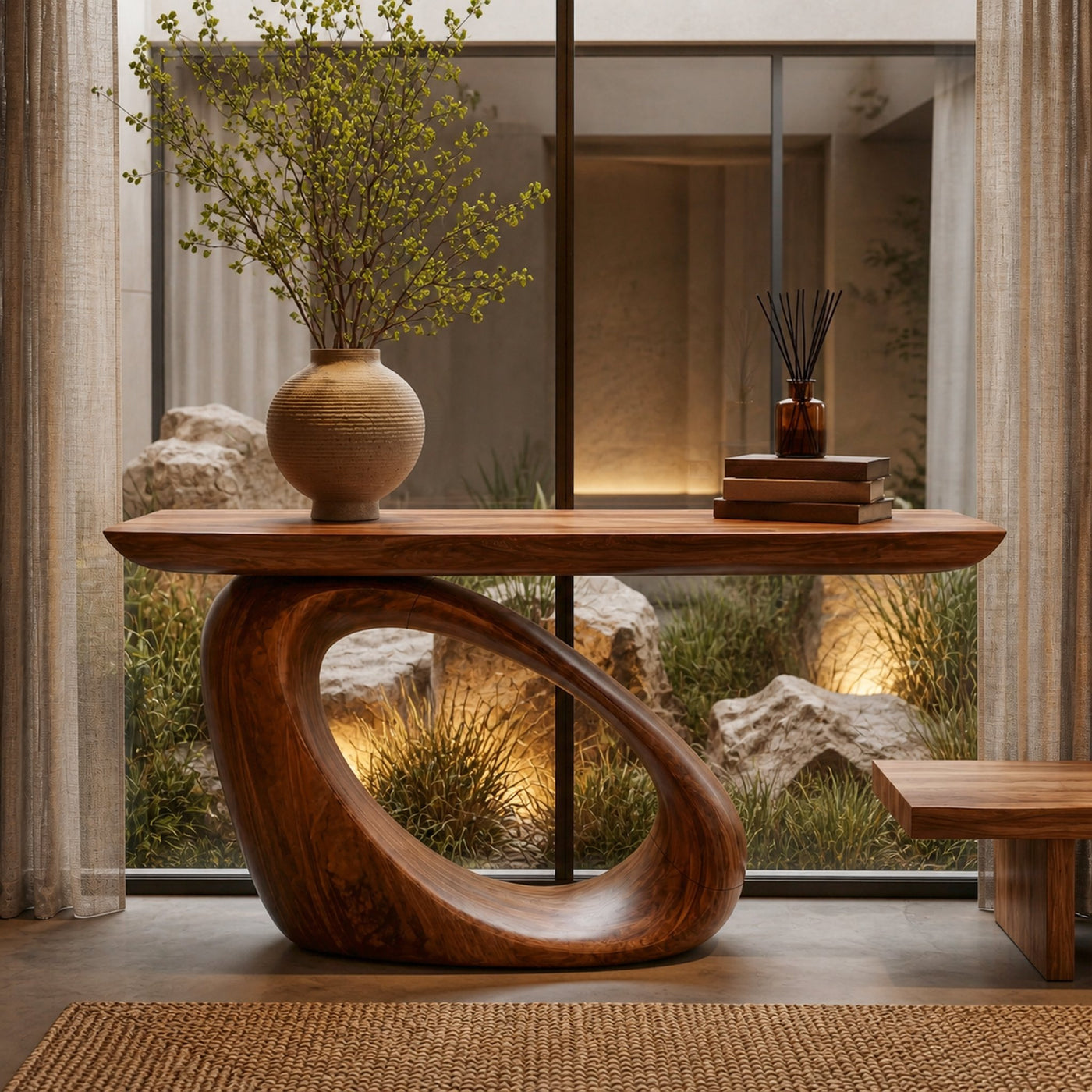 Modern Organic Console Table With Sculptural Loop Pedestal Wood Base For Entryway And Living Room