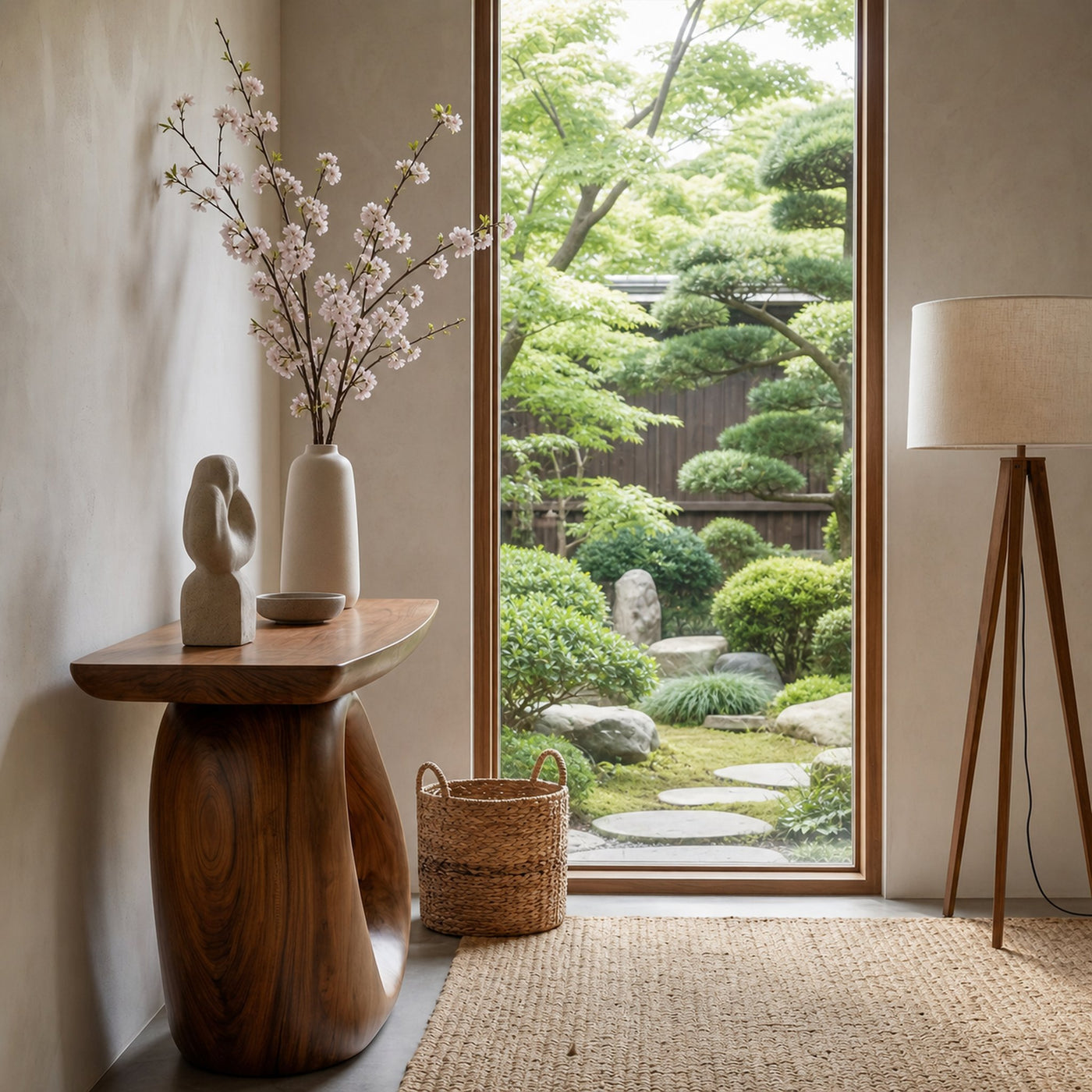 Modern Organic Console Table With Sculptural Loop Pedestal Wood Base For Entryway And Living Room - product view 2