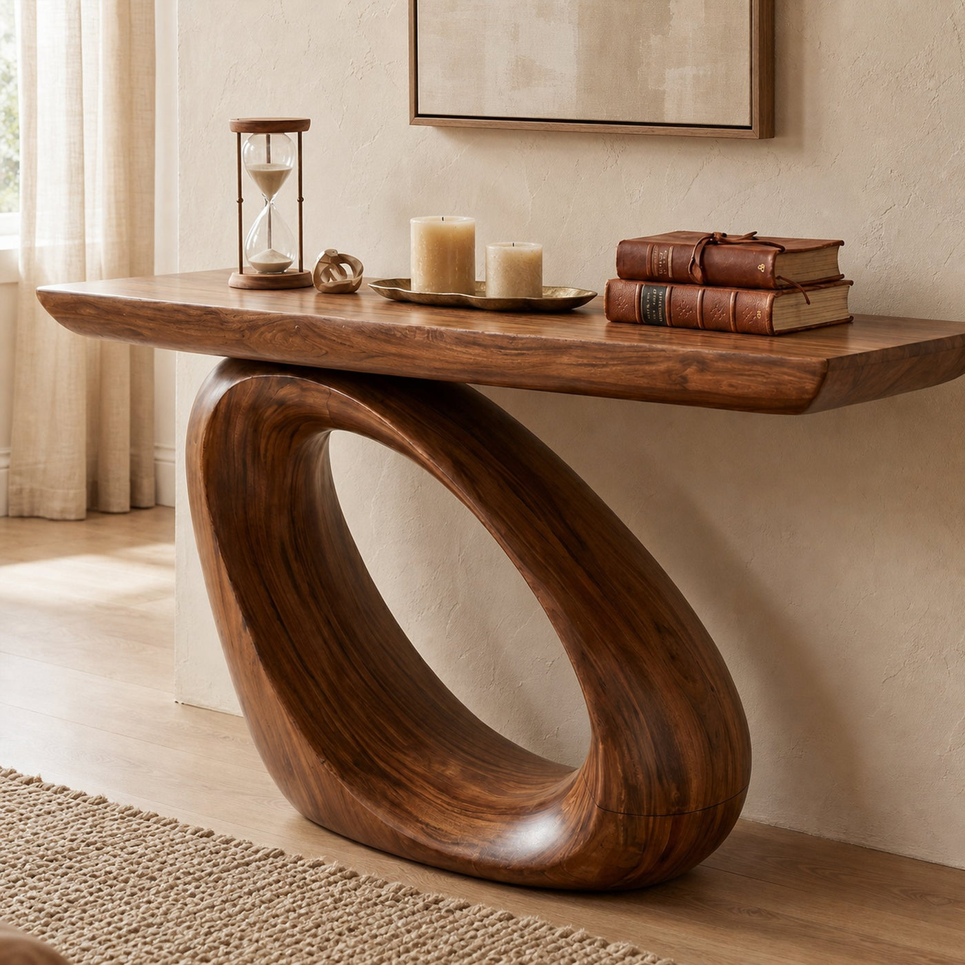 Modern Organic Console Table With Sculptural Loop Pedestal Wood Base For Entryway And Living Room - product view 3