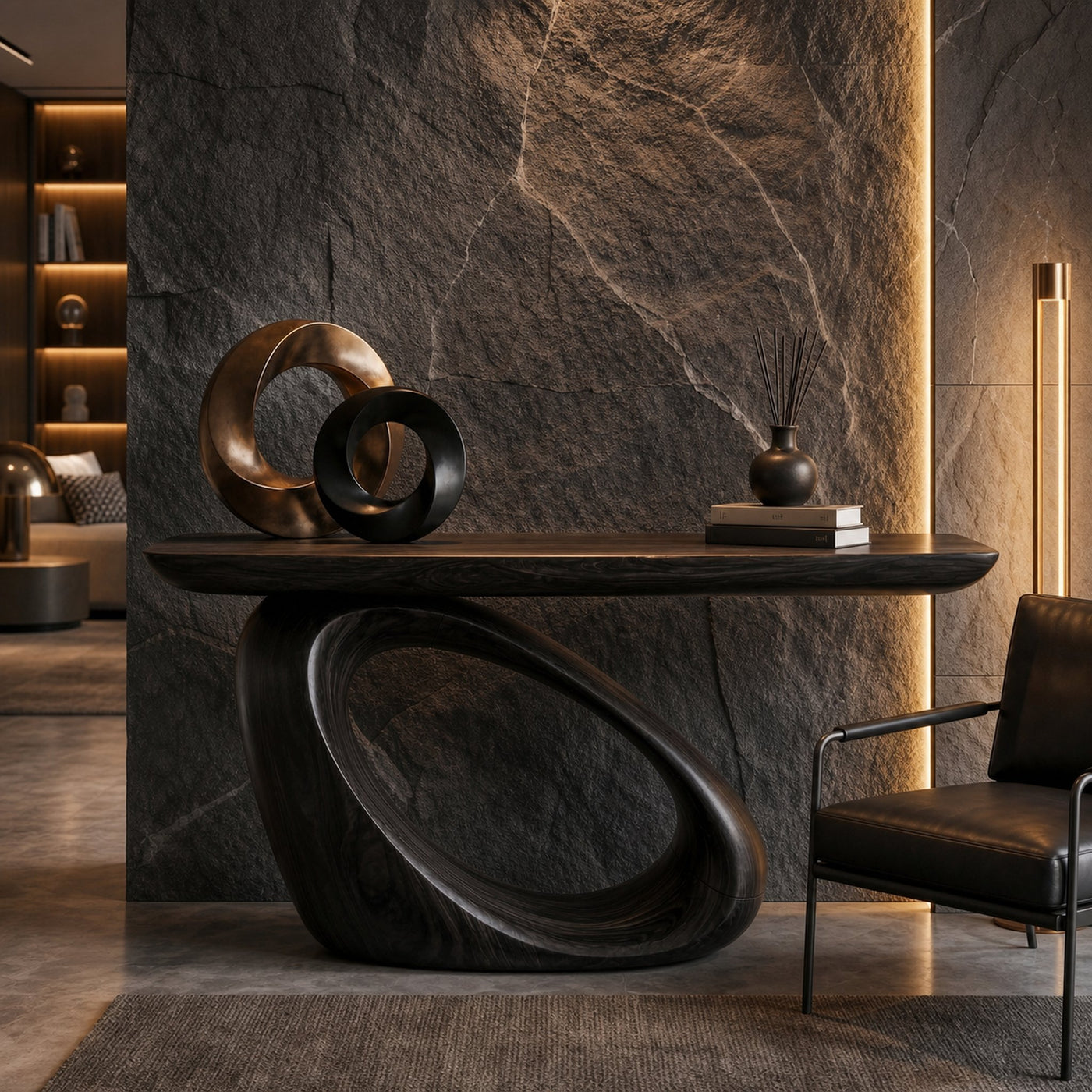 Modern Organic Console Table With Sculptural Loop Pedestal Wood Base For Entryway And Living Room - product view 4