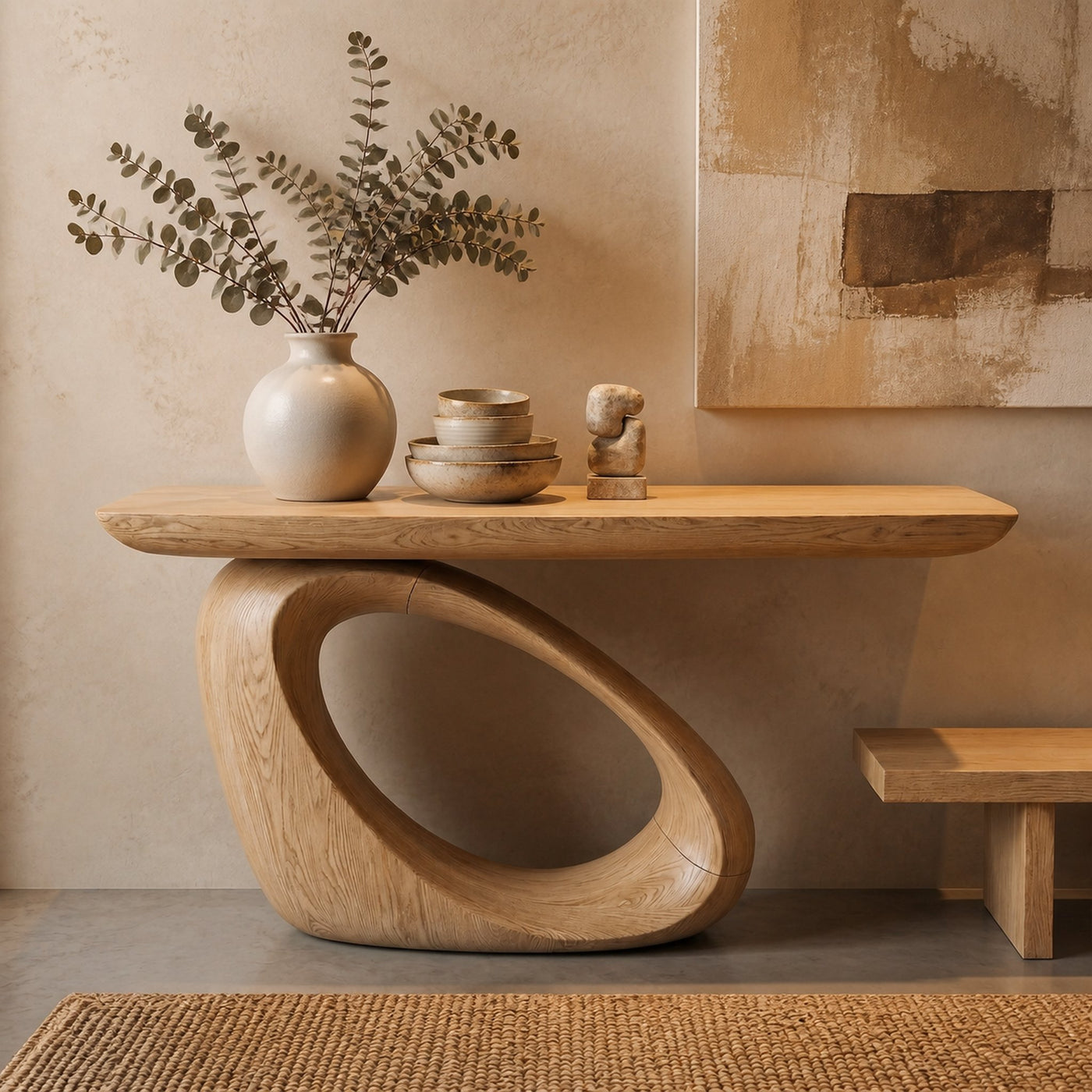 Modern Organic Console Table With Sculptural Loop Pedestal Wood Base For Entryway And Living Room - product view 5