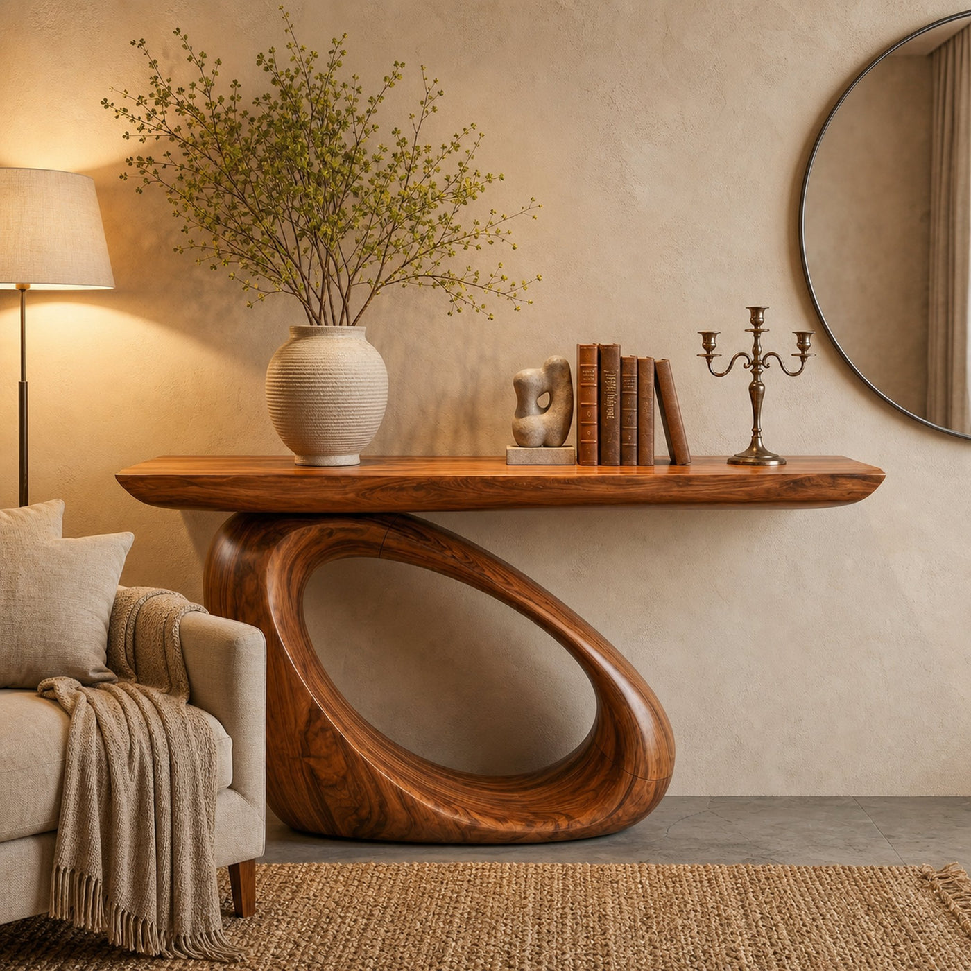 Modern Organic Console Table With Sculptural Loop Pedestal Wood Base For Entryway And Living Room - product view 6