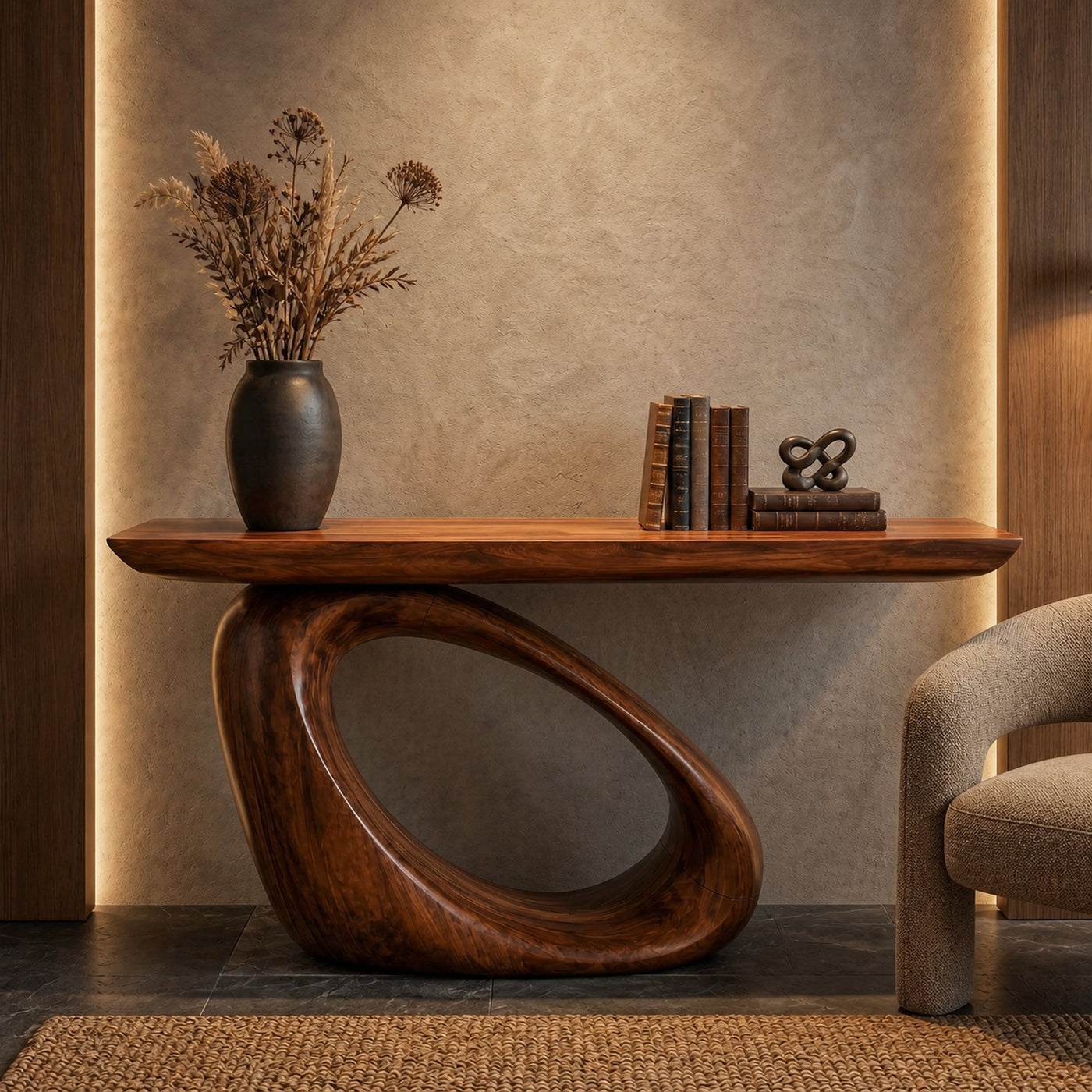 Modern Organic Console Table With Sculptural Loop Pedestal Wood Base For Entryway And Living Room - product view 7