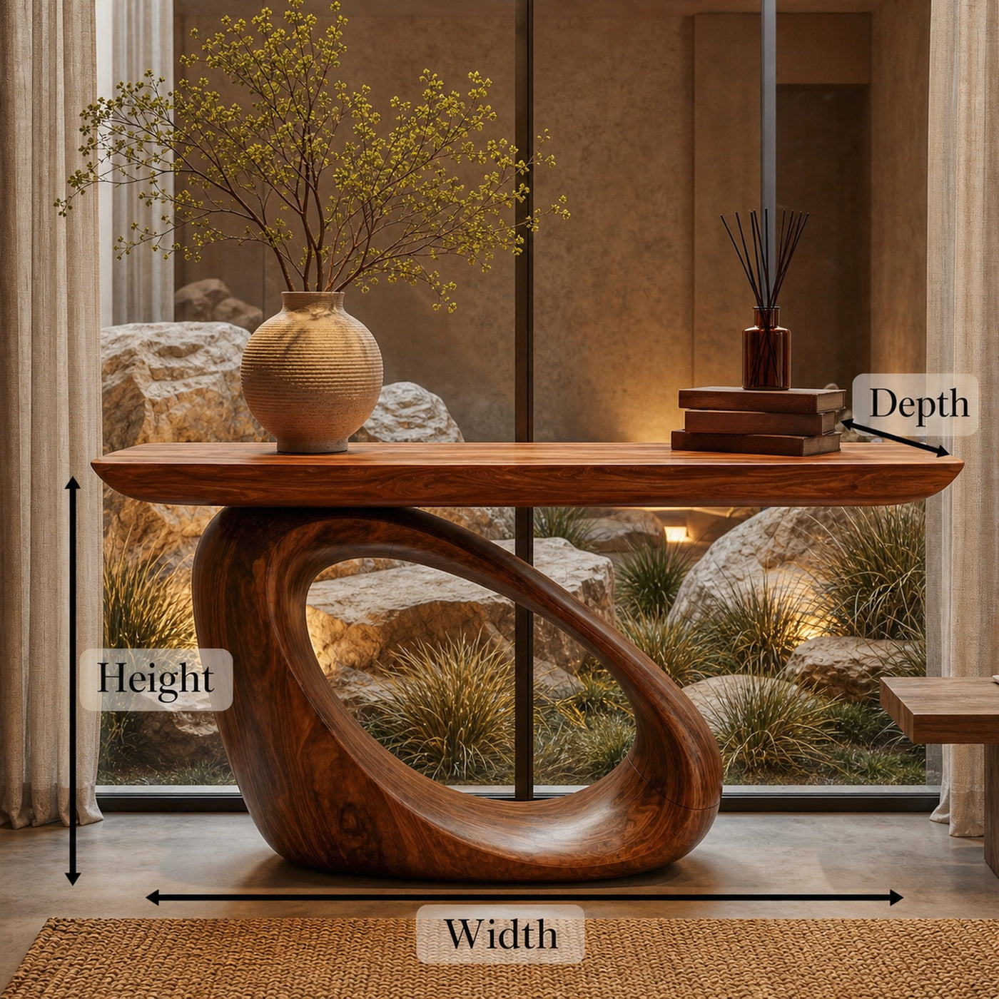Modern Organic Console Table With Sculptural Loop Pedestal Wood Base For Entryway And Living Room - product view 8