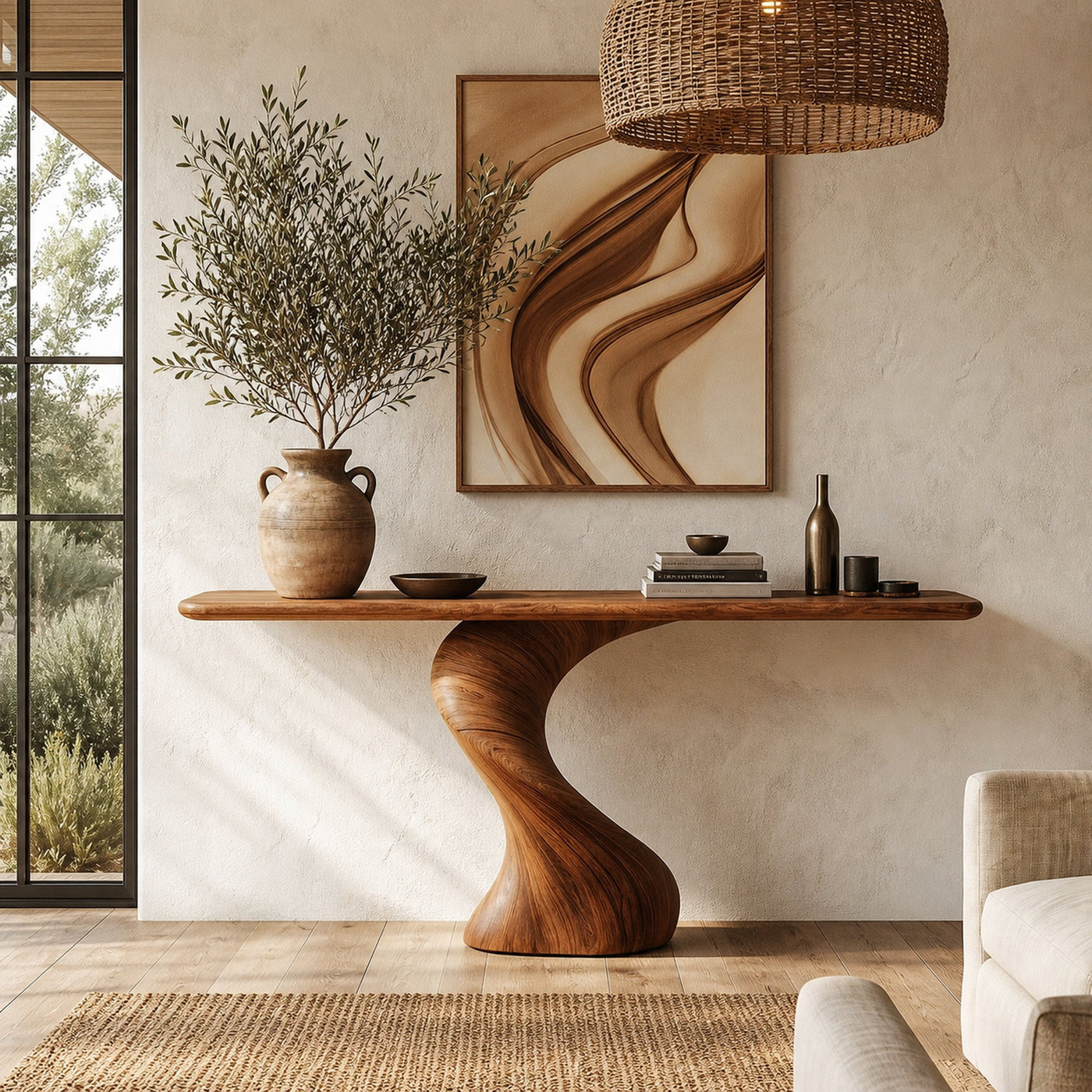 Modern Organic Console Table With Sculptural Twisted Solid Wood Base For Entryway And Living Room