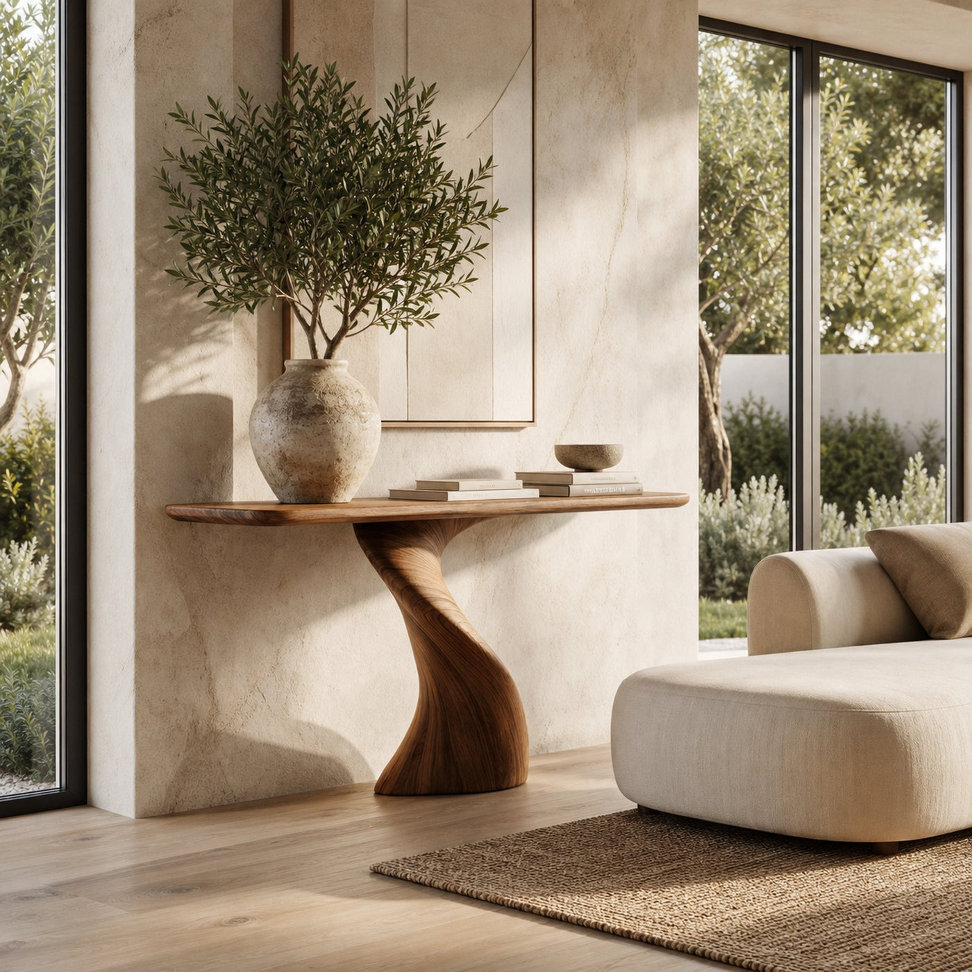 Modern Organic Console Table With Sculptural Twisted Solid Wood Base For Entryway And Living Room - product view 6