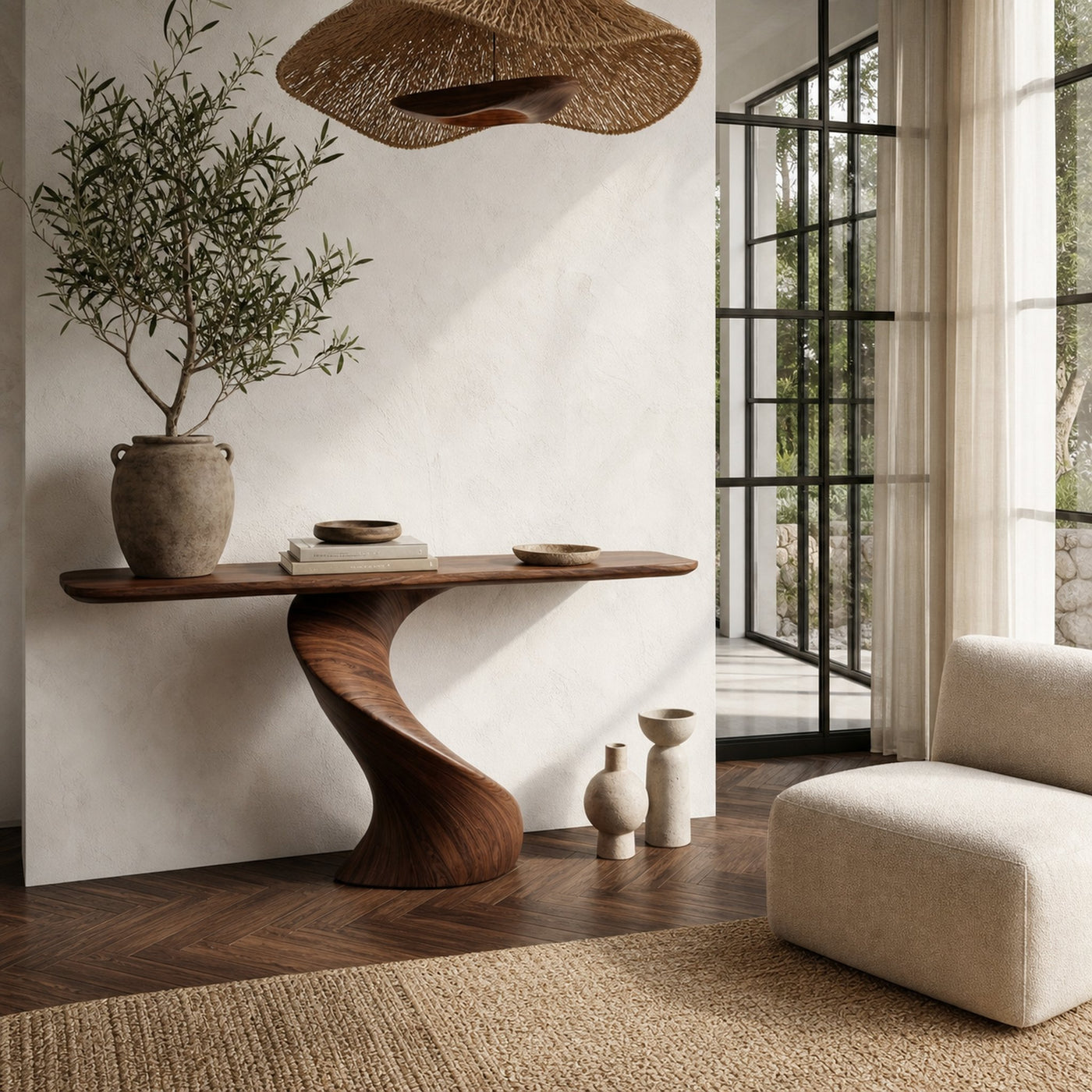 Modern Organic Console Table With Sculptural Twisted Solid Wood Base For Entryway And Living Room - product view 7
