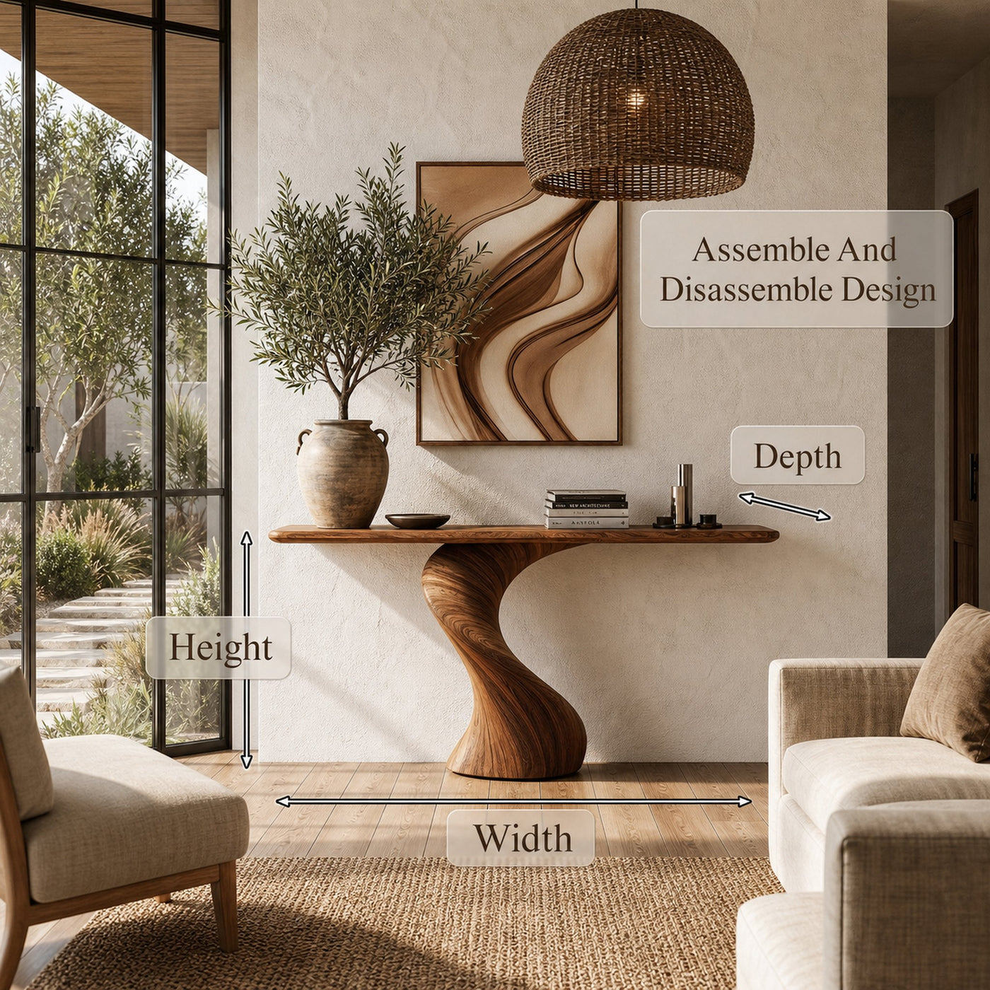 Modern Organic Console Table With Sculptural Twisted Solid Wood Base For Entryway And Living Room - product view 8