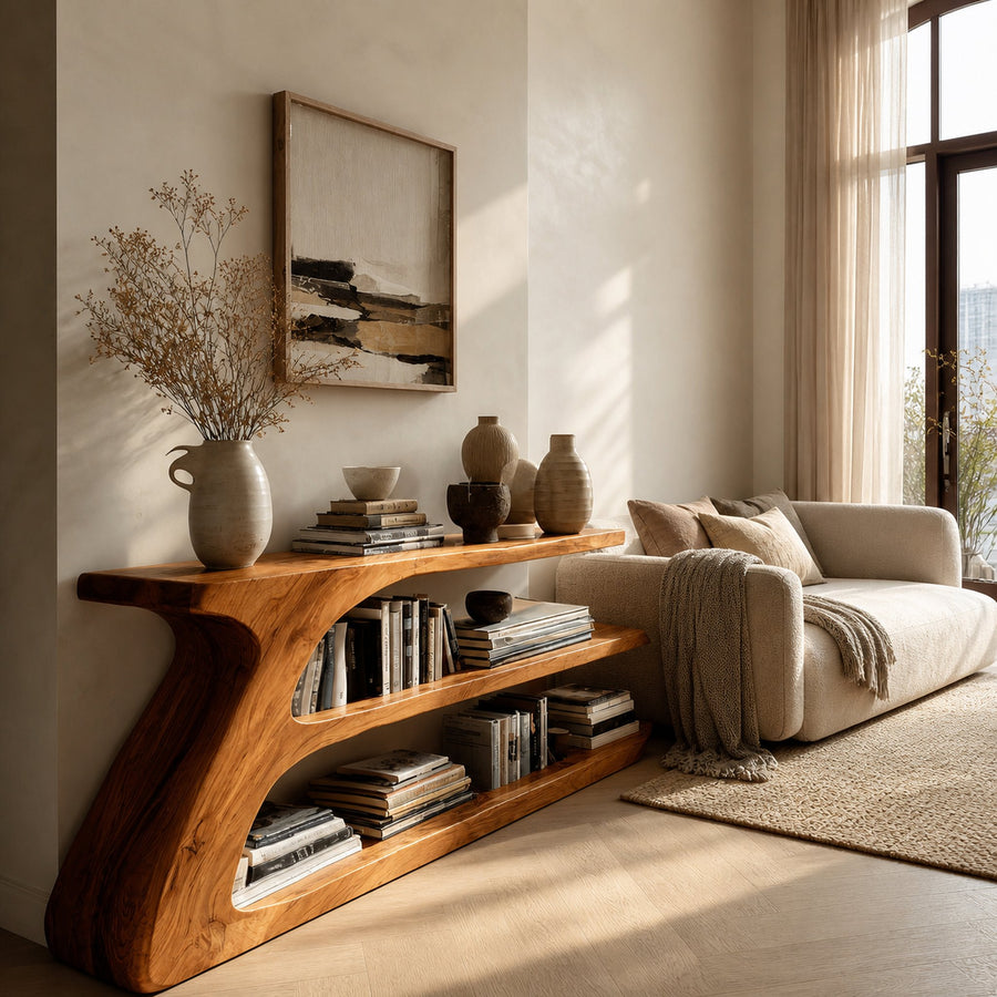 Modern Organic Wood Console Table With Shelf For Living Room