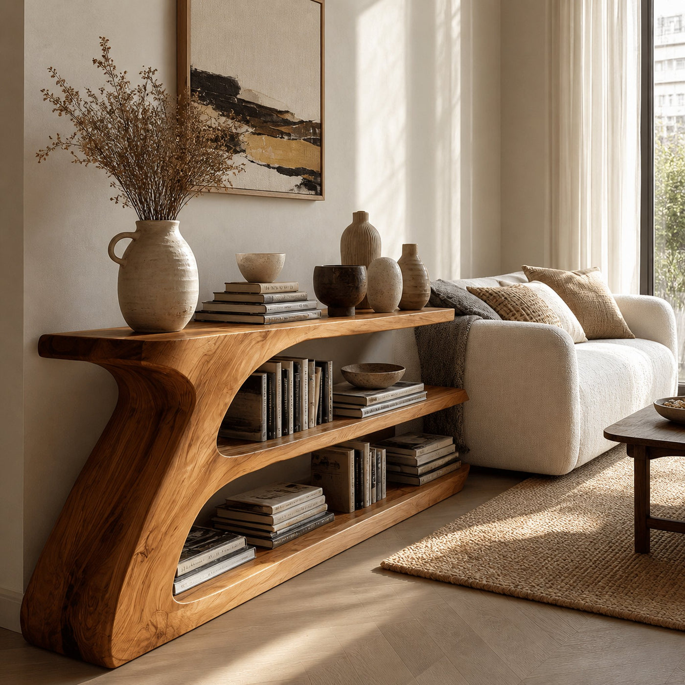 Modern Organic Wood Console Table With Shelf For Living Room - product view 6