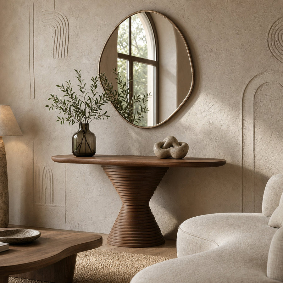 Modern Round Pedestal Console Table Solid Wood Living Room