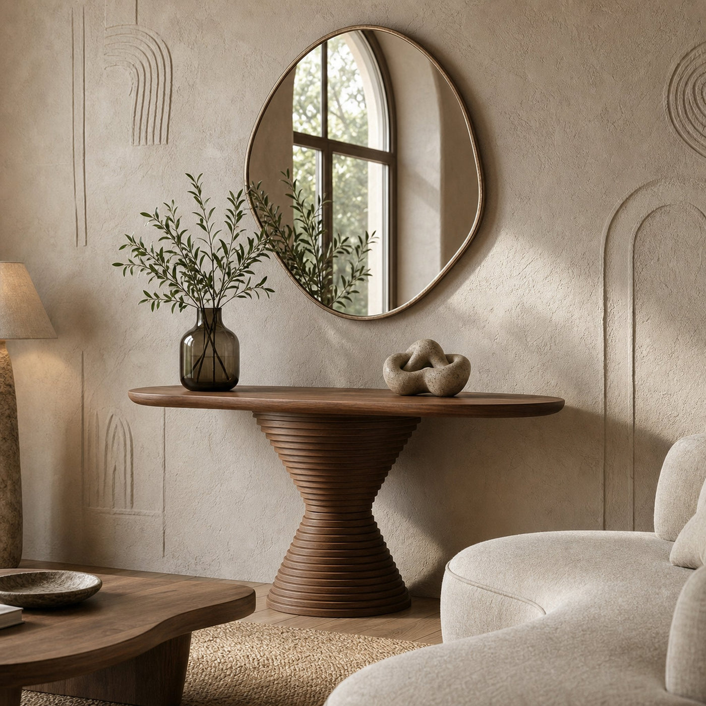 Modern Round Pedestal Console Table Solid Wood Living Room