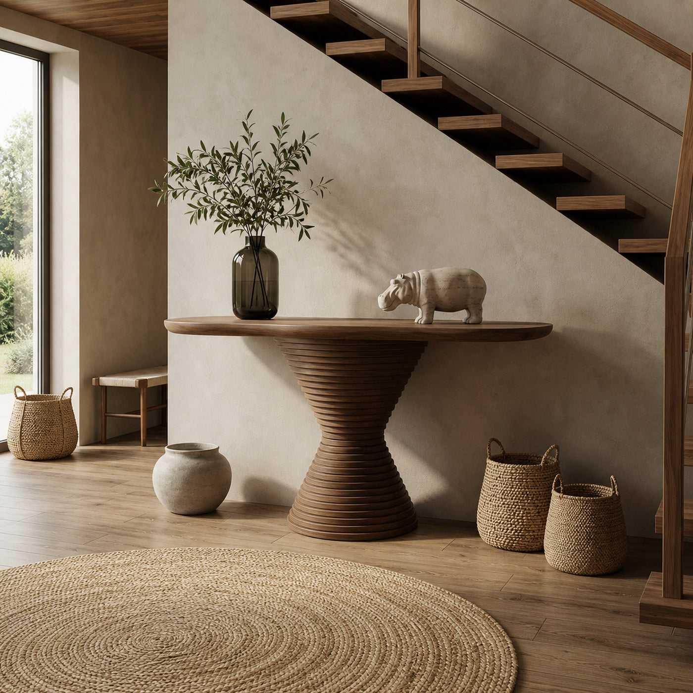Modern Round Pedestal Console Table Solid Wood Living Room - product view 3