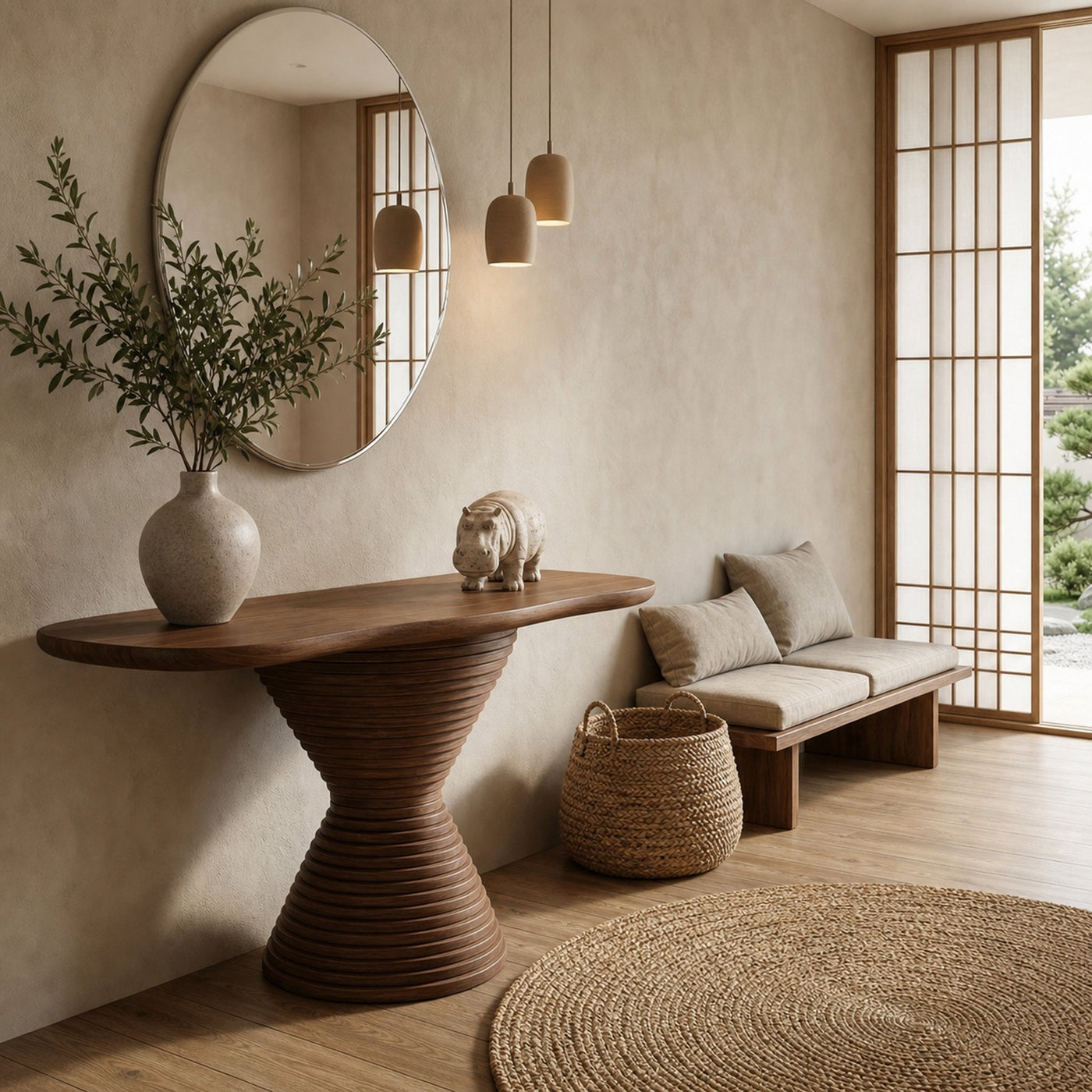 Modern Round Pedestal Console Table Solid Wood Living Room - product view 4