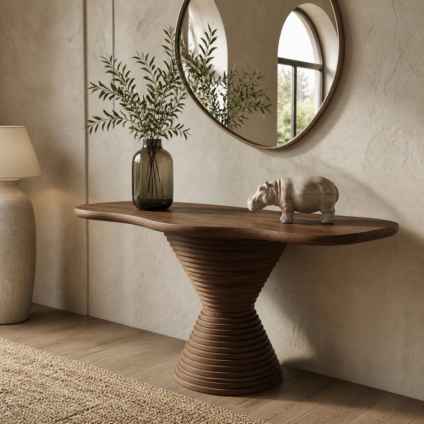 Modern Round Pedestal Console Table Solid Wood Living Room - product view 5