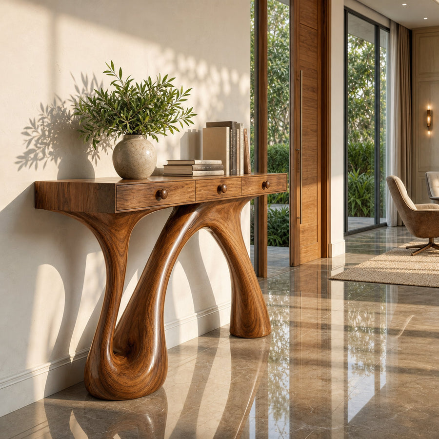 Modern Sculptural Console Table For Entryway And Living Room Space