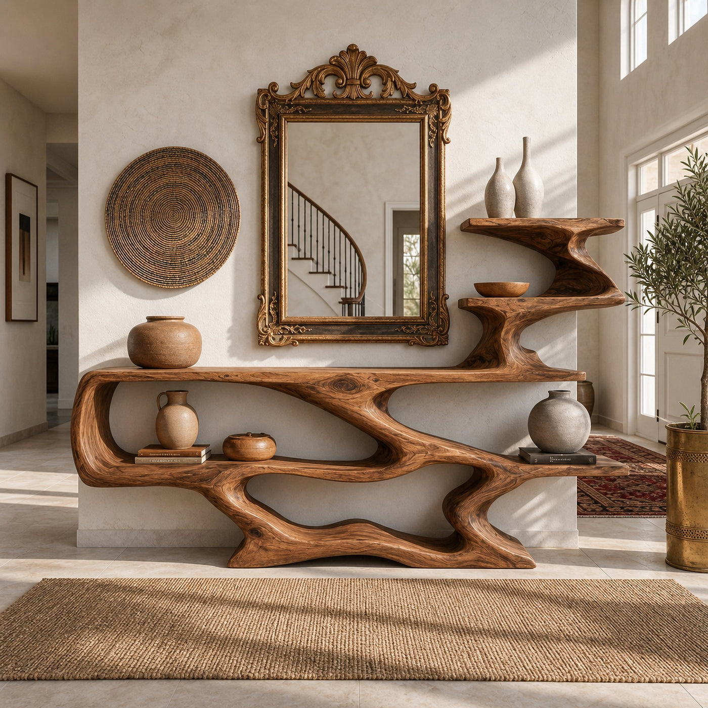 Modern Sculptural Wooden Console Table With Open Shelves For Interior
