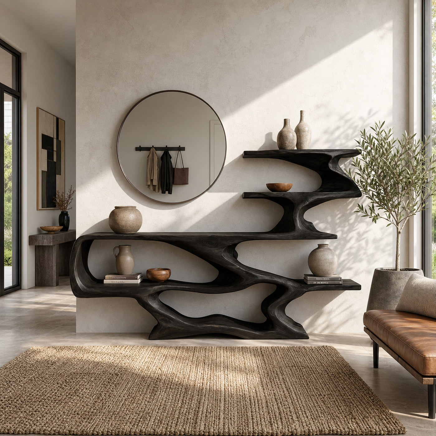 Modern Sculptural Wooden Console Table With Open Shelves For Interior - product view 4