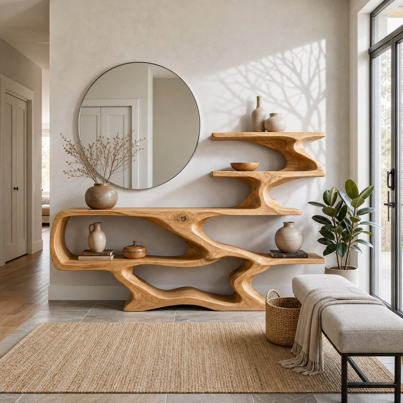 Modern Sculptural Wooden Console Table With Open Shelves For Interior - product view 5