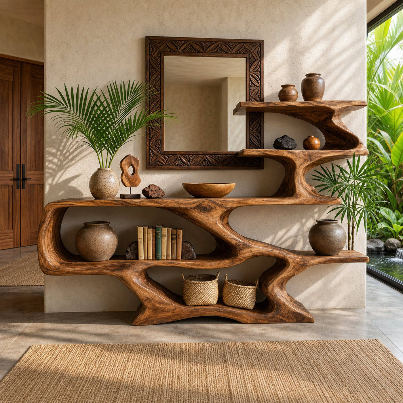 Modern Sculptural Wooden Console Table With Open Shelves For Interior - product view 6