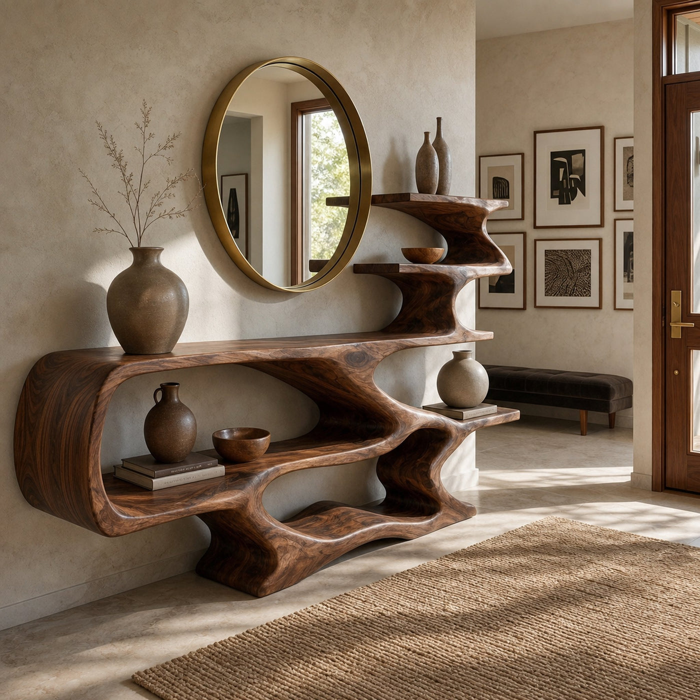 Modern Sculptural Wooden Console Table With Open Shelves For Interior - product view 7
