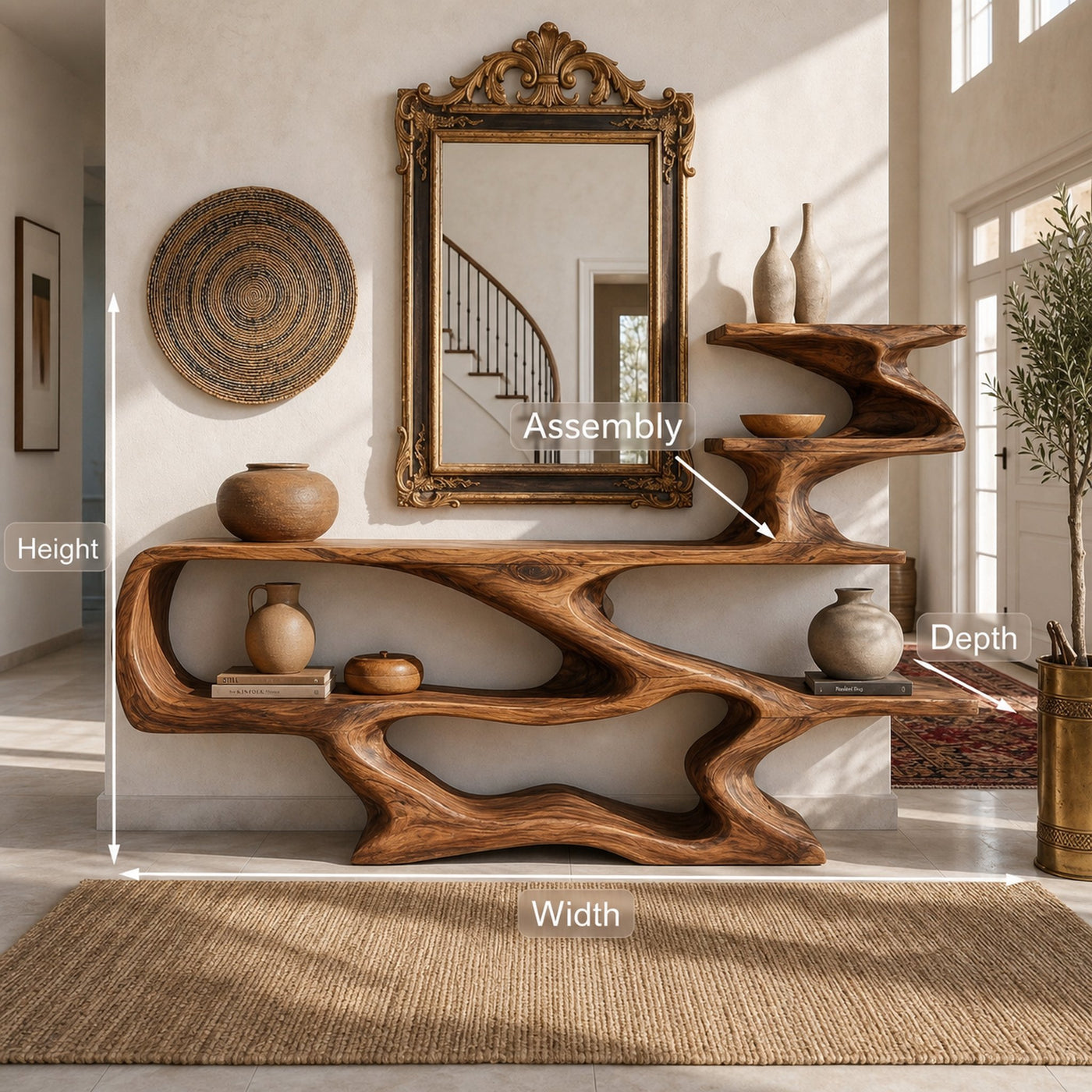 Modern Sculptural Wooden Console Table With Open Shelves For Interior - product view 8
