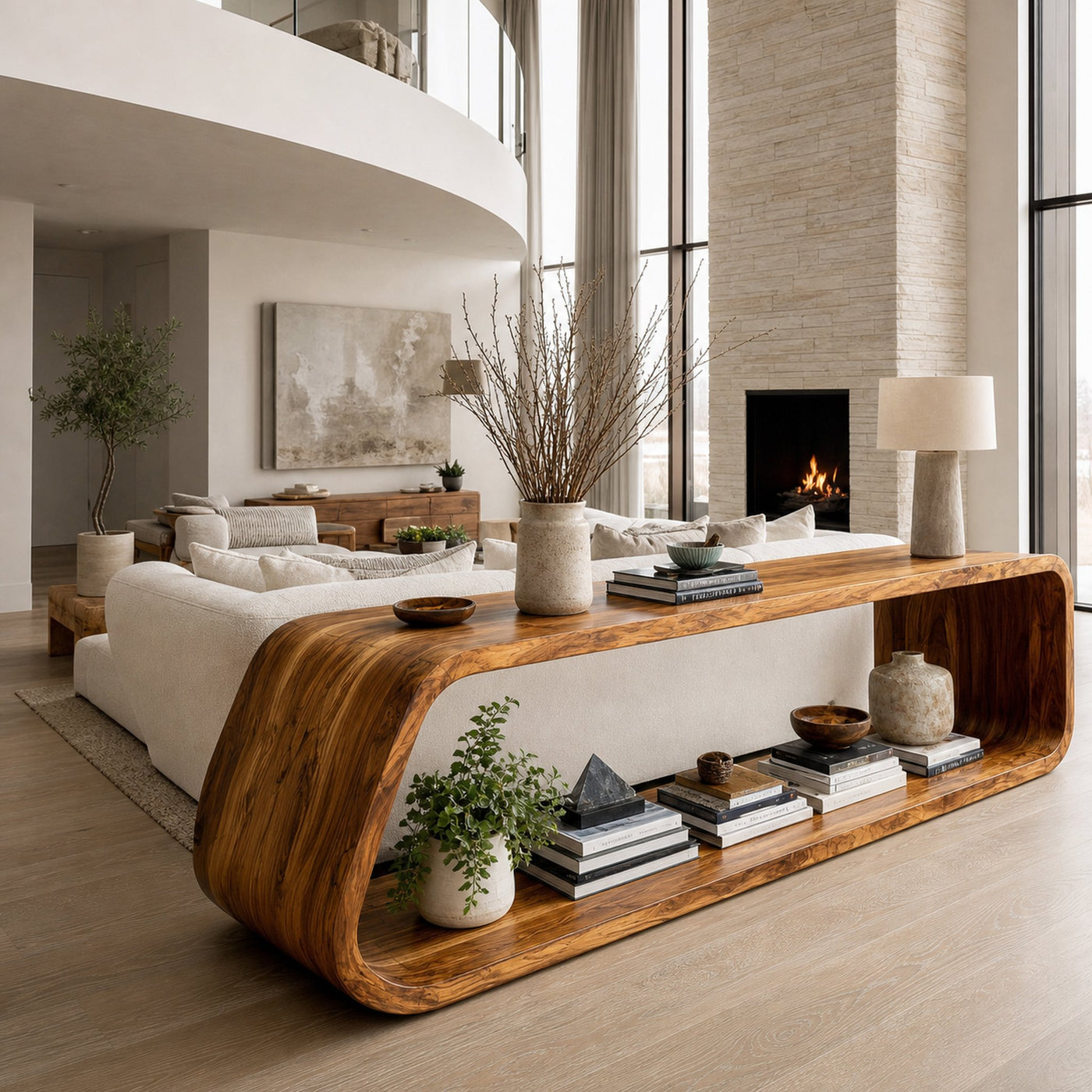 Modern Wood Console Table With Rounded Form For Living Room
