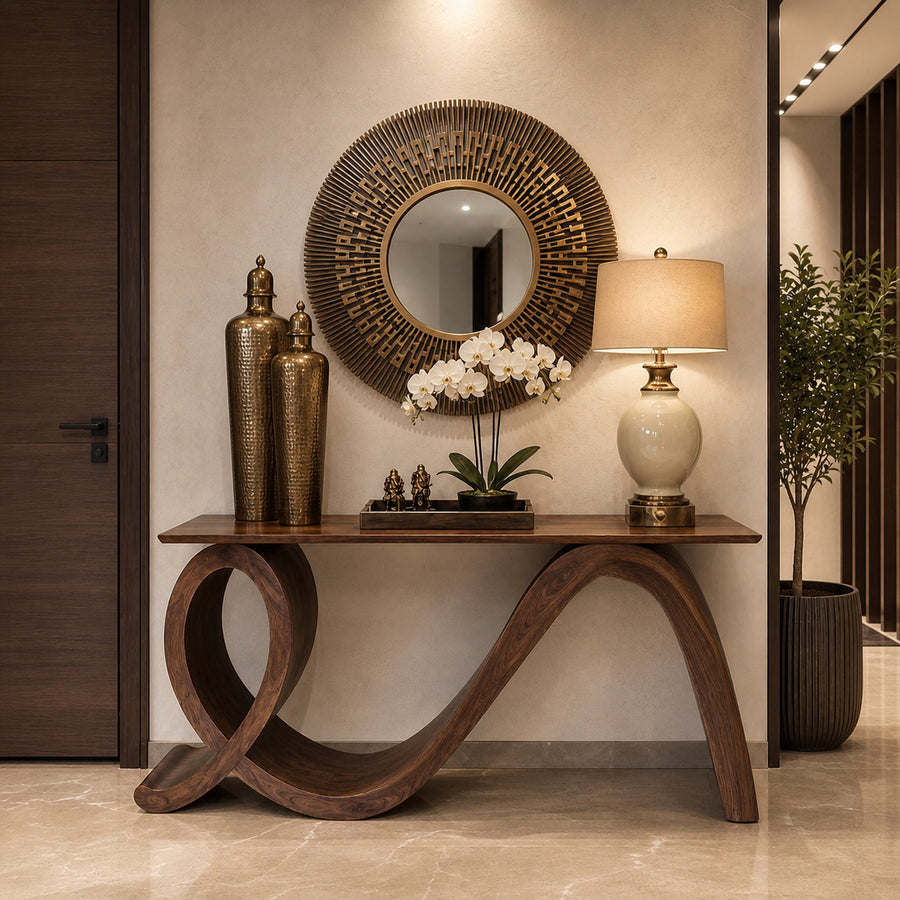 Modern Wooden Console Table Flowing Loop Base Design For Interior