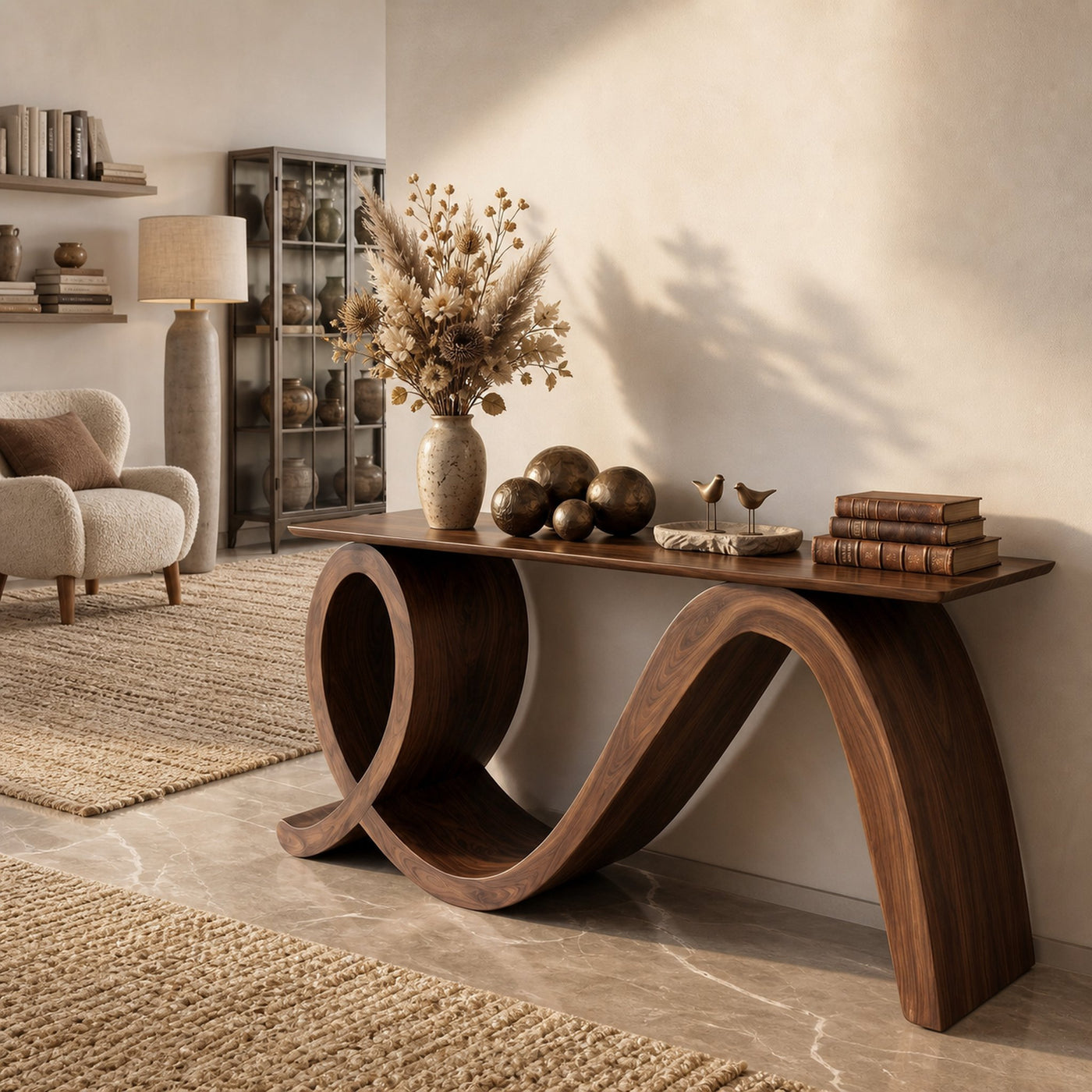 Modern Wooden Console Table Flowing Loop Base Design For Interior - product view 3