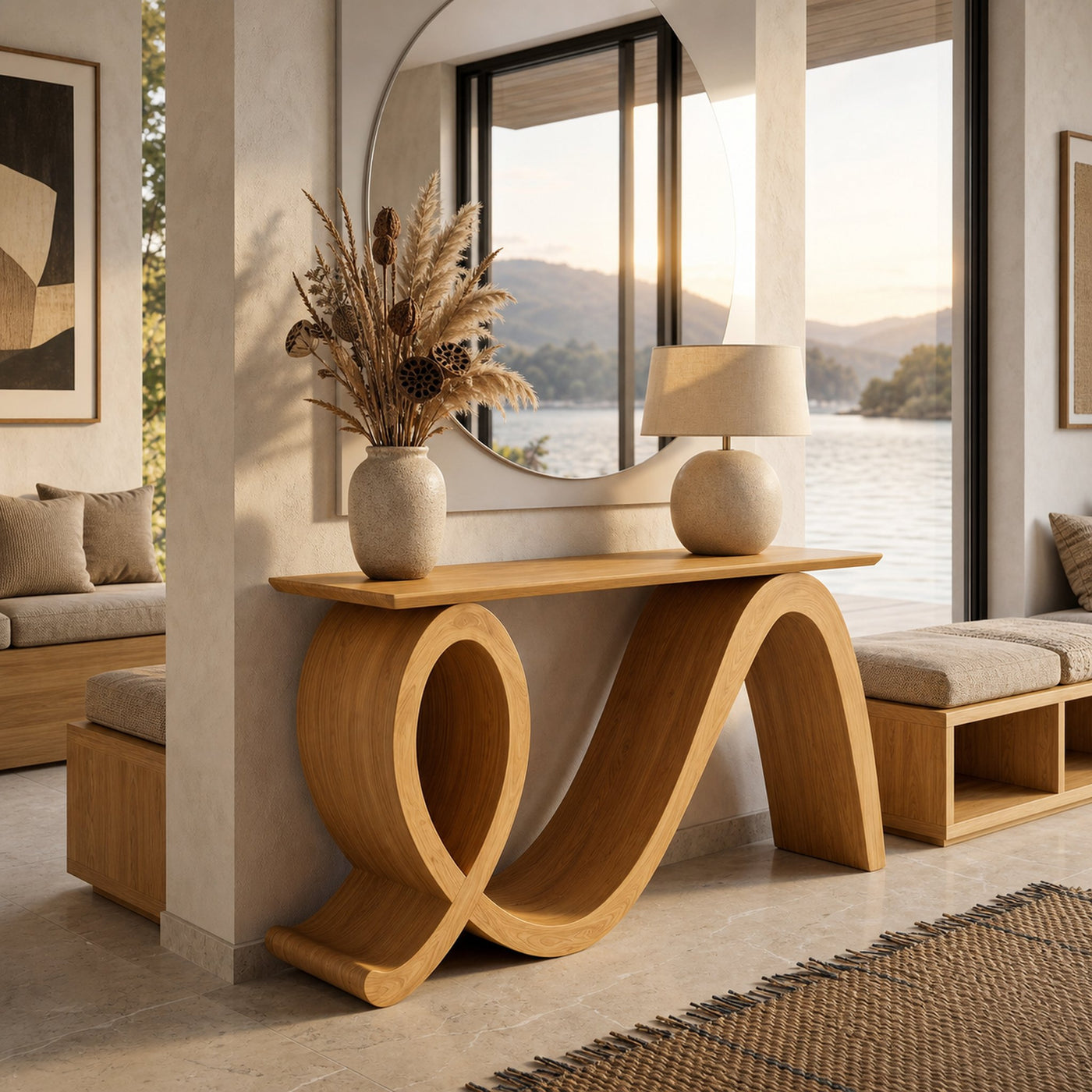 Modern Wooden Console Table Flowing Loop Base Design For Interior - product view 5
