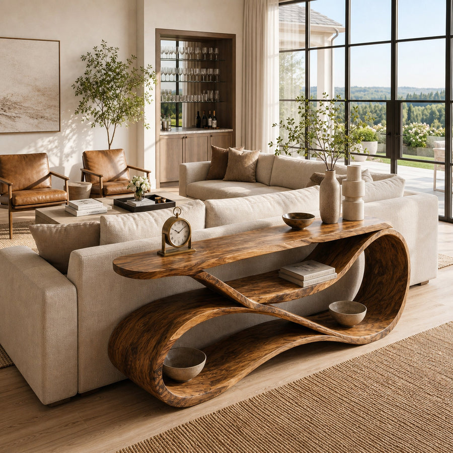 Modern Wooden Console Table Flowing Shelf Design For Living