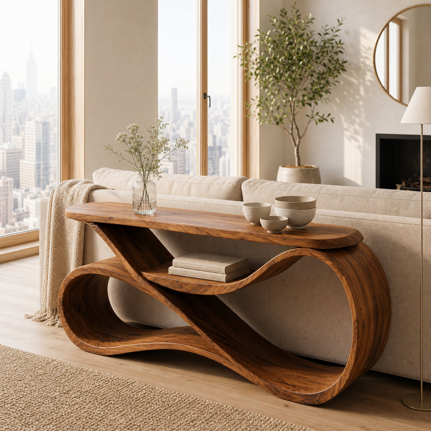 Modern Wooden Console Table Flowing Shelf Design For Living - product view 6